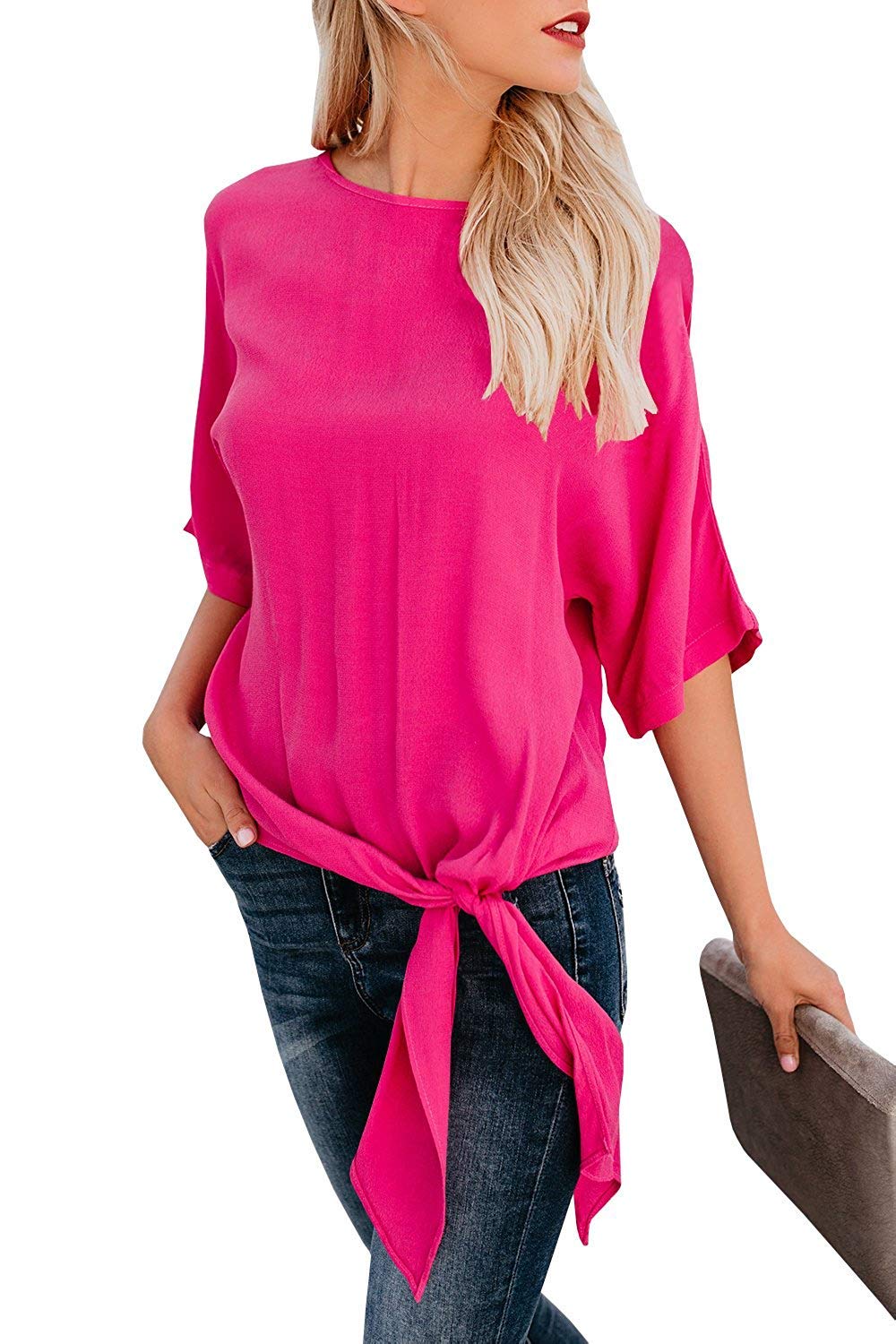 OURS Women's Casual Knot Tie Front Half Sleeve Summer T Shirt Blouses Tops