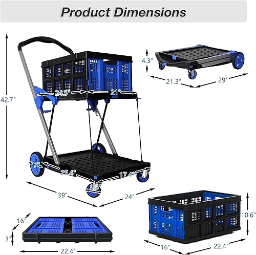 Miniatura 5 de TRY & DO Carritos plegables multifuncionales, carrito de compras ajustable con cesta de almacenamiento, ruedas giratorias rodantes, carrito plegable