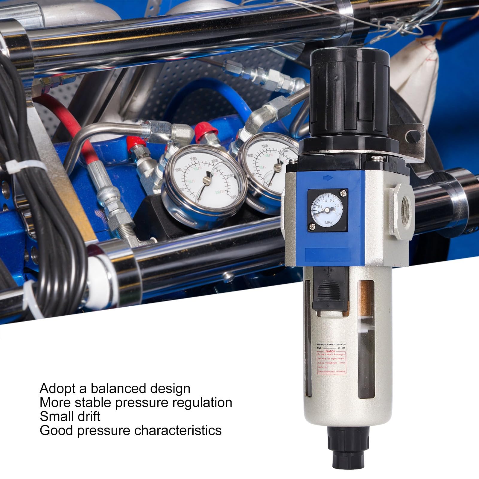 Regulador de Filtro de Aire Comprimido Filtro Regulador de Presión de Aleación de Aluminio 0,05 a 0,9 MPa Tazón de 80 CC Salida Estable Autoblocante para Compresor de Aire Taller Uso