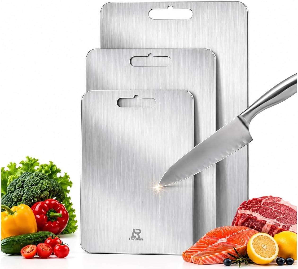 3Pack titanium cutting boards for kitchen,Double Sided Food titanium Grade Metal Non-Toxic titanium Cutting Boards,Easy to Clean,Dishwasher Safe(s+m+L)