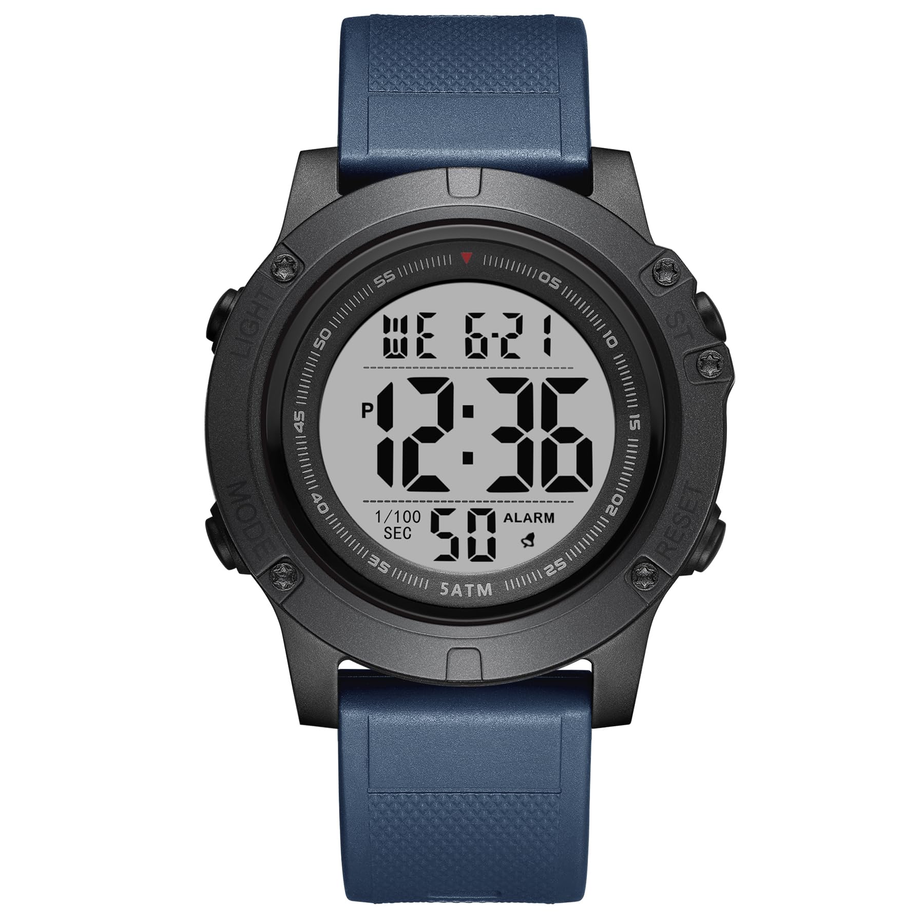GOLDEN HOUR Mens Digital Sports Watch Large LCD Display 5ATM Water Resistant Silicone Band