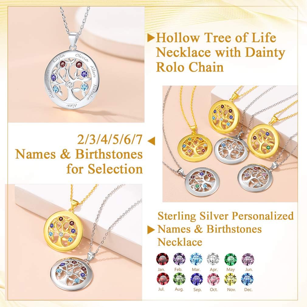 Custom4U Personalized Birthstone Name Necklace - Heart & Round Pendants Sterling Silver & Stainless Steel Family Tree of Life Charm Mother's Day Jewelry Gift for Women Mom Grandma