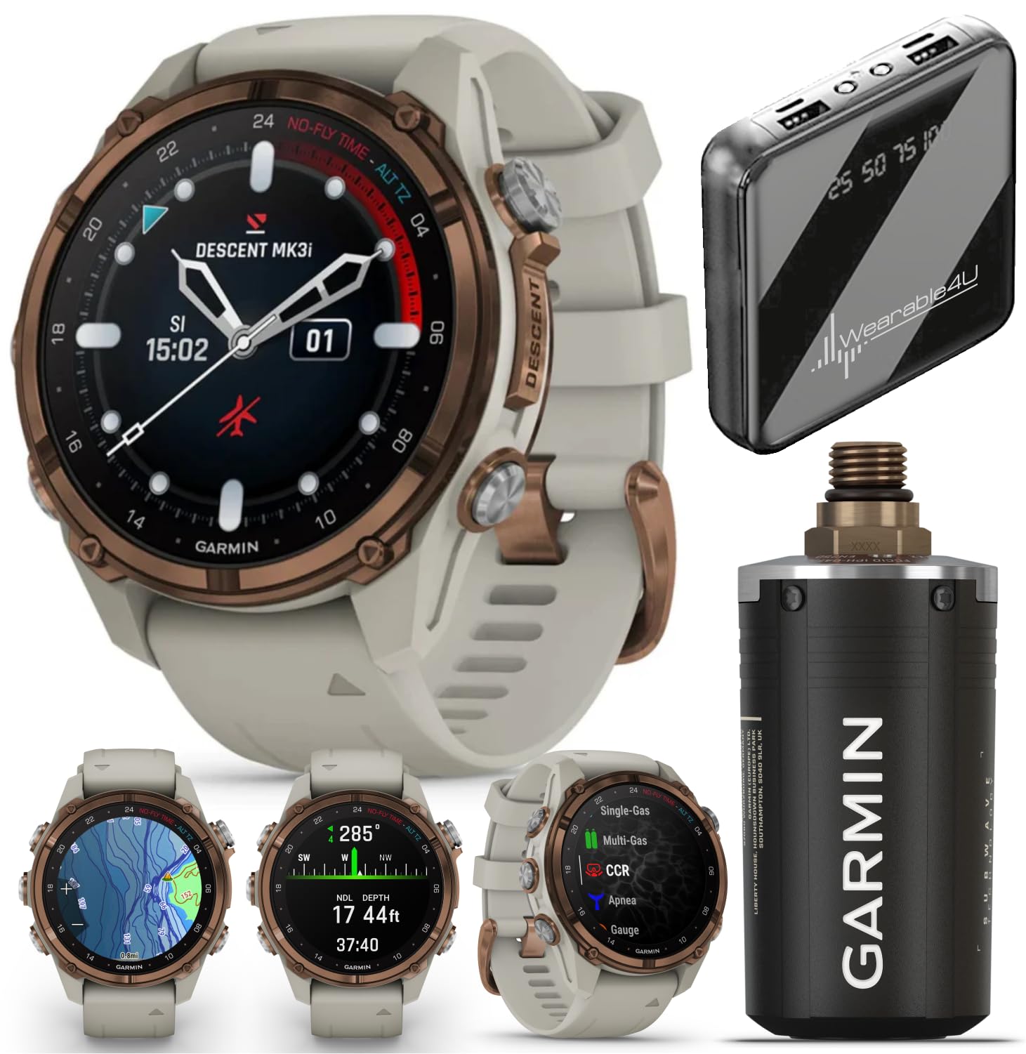 Wearable4UGarmin Descent Mk3 & Mk3i 51 mm & 43 mm w/T2 Transceiver: Titanium Dive Computer +Extra-Long Strap | Up to 25 Days Battery Life, AMOLED Display, GPS Smartwatch Gift Bundle (010-02753-13)