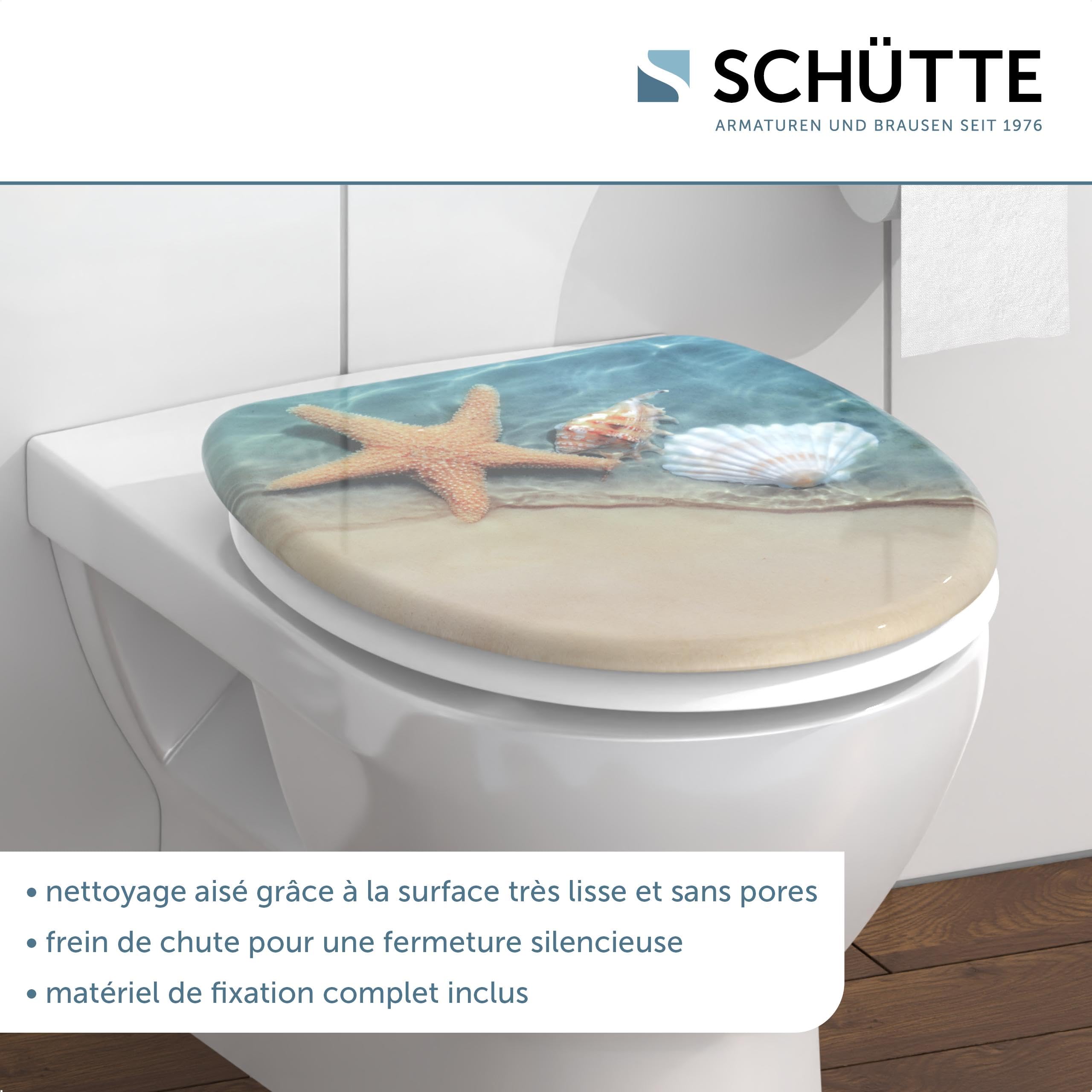 Schütte Beach 82196, Abattant WC en Duroplast avec système d'abaissement automatique, compatible avec la majorité des cuvettes WC, motif plage