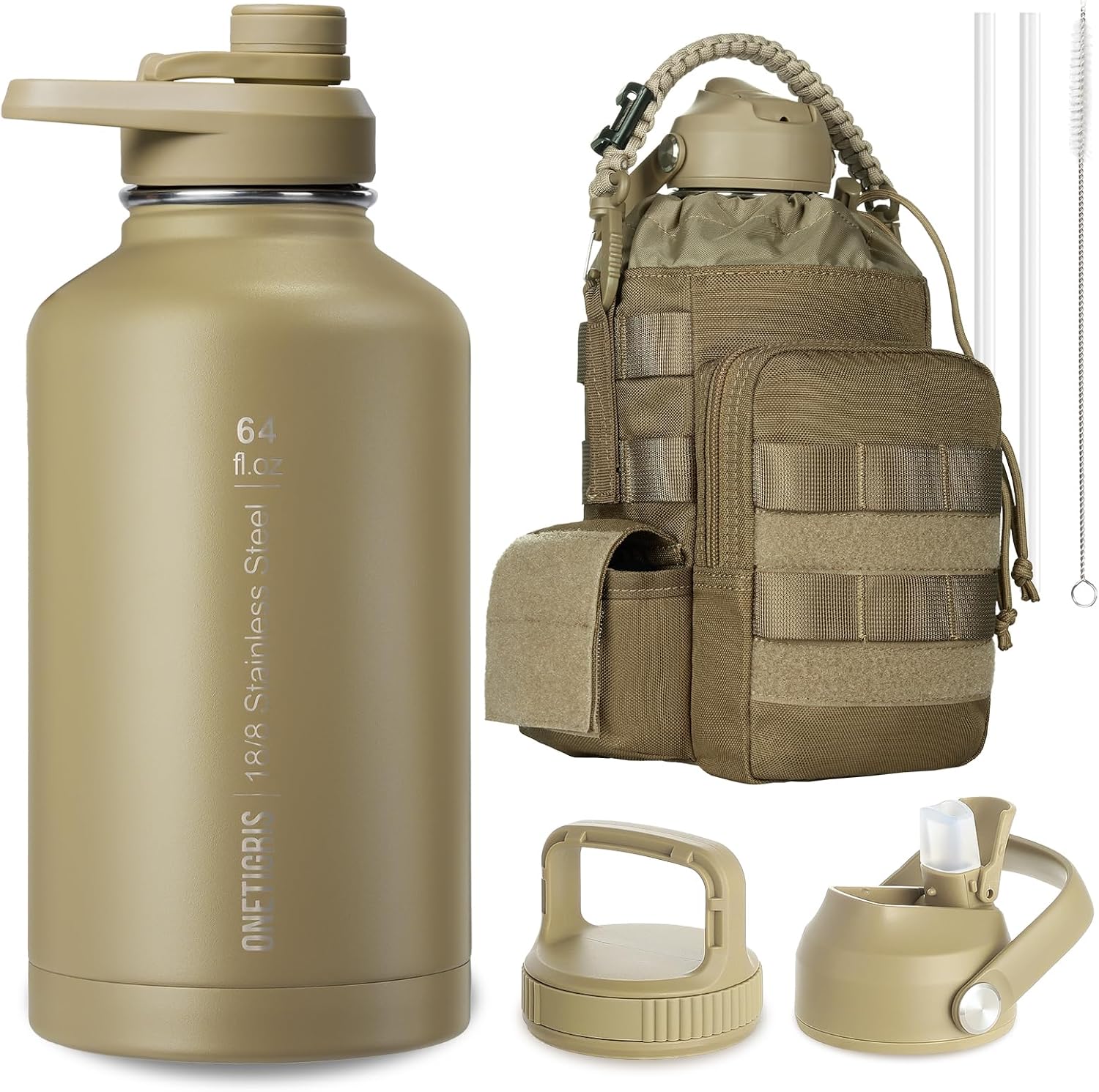 ONETIGRIS Tactical Half Gallon Water Bottle with Straw - 64 oz Vacuum Insulated Stainless Steel Water Jug, Leakproof Sport Bottle with 3 BPA Free Lids, Paracord Handle & MOLLE Water Pouch for Outdoor