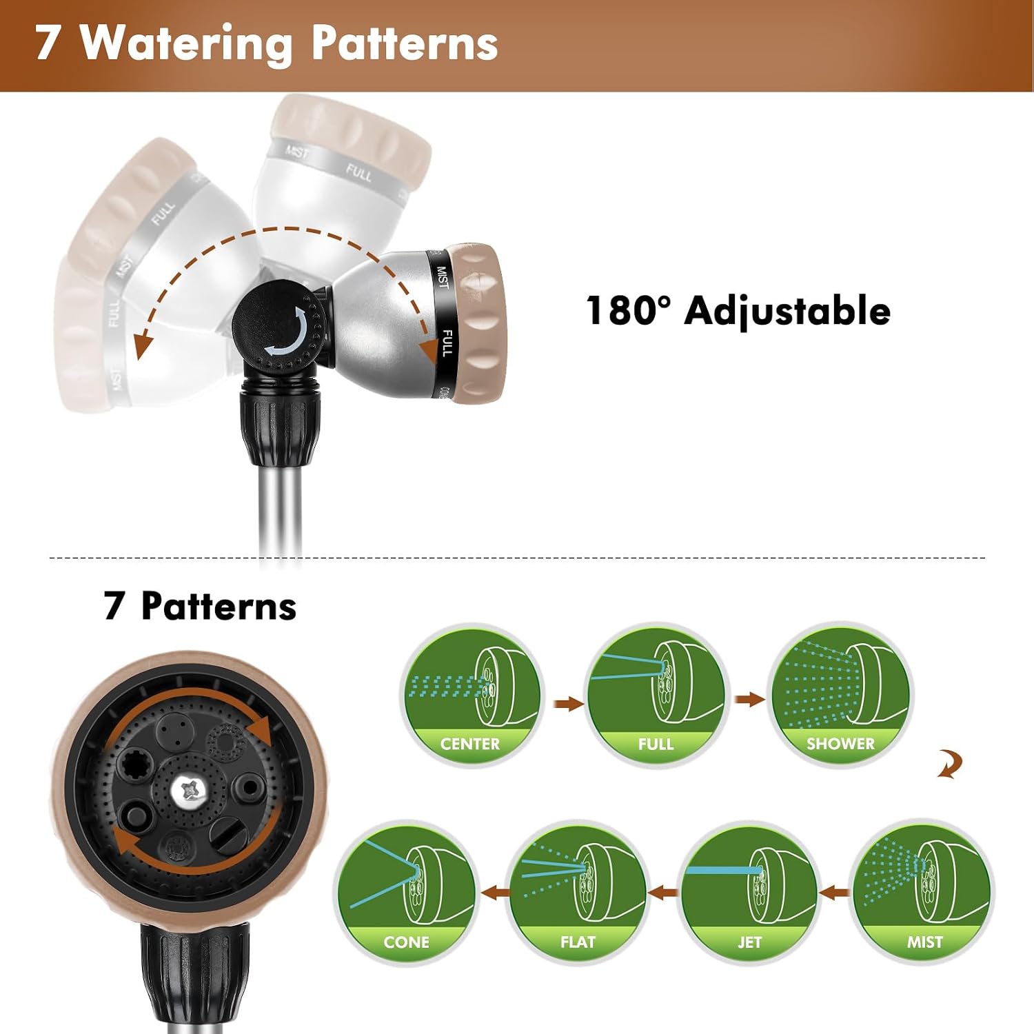 RESTMO Metal Watering Wand, Heavy Duty Garden Hose Wand with 180° Swivel Ratcheting Head, 16'' Hose Nozzle Sprayer with 7 Spray Patterns and Flow Control, for Water Hanging Baskets and Shrubs, Gold