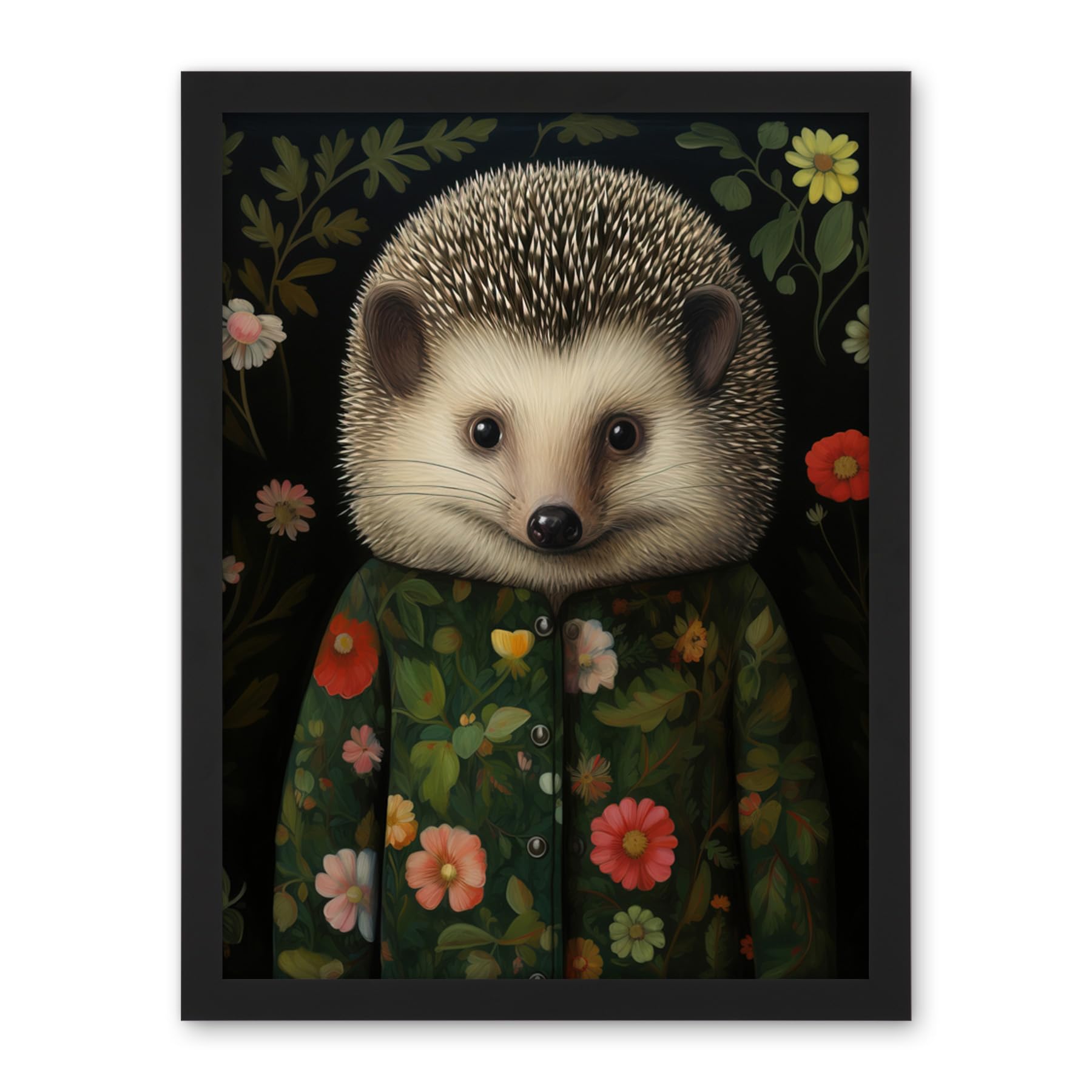 Artery8 Hedgehog in Hedgerow Floral Jacket Cute Kids Bedroom Artwork Framed Wall Art Print 18X24 Inch