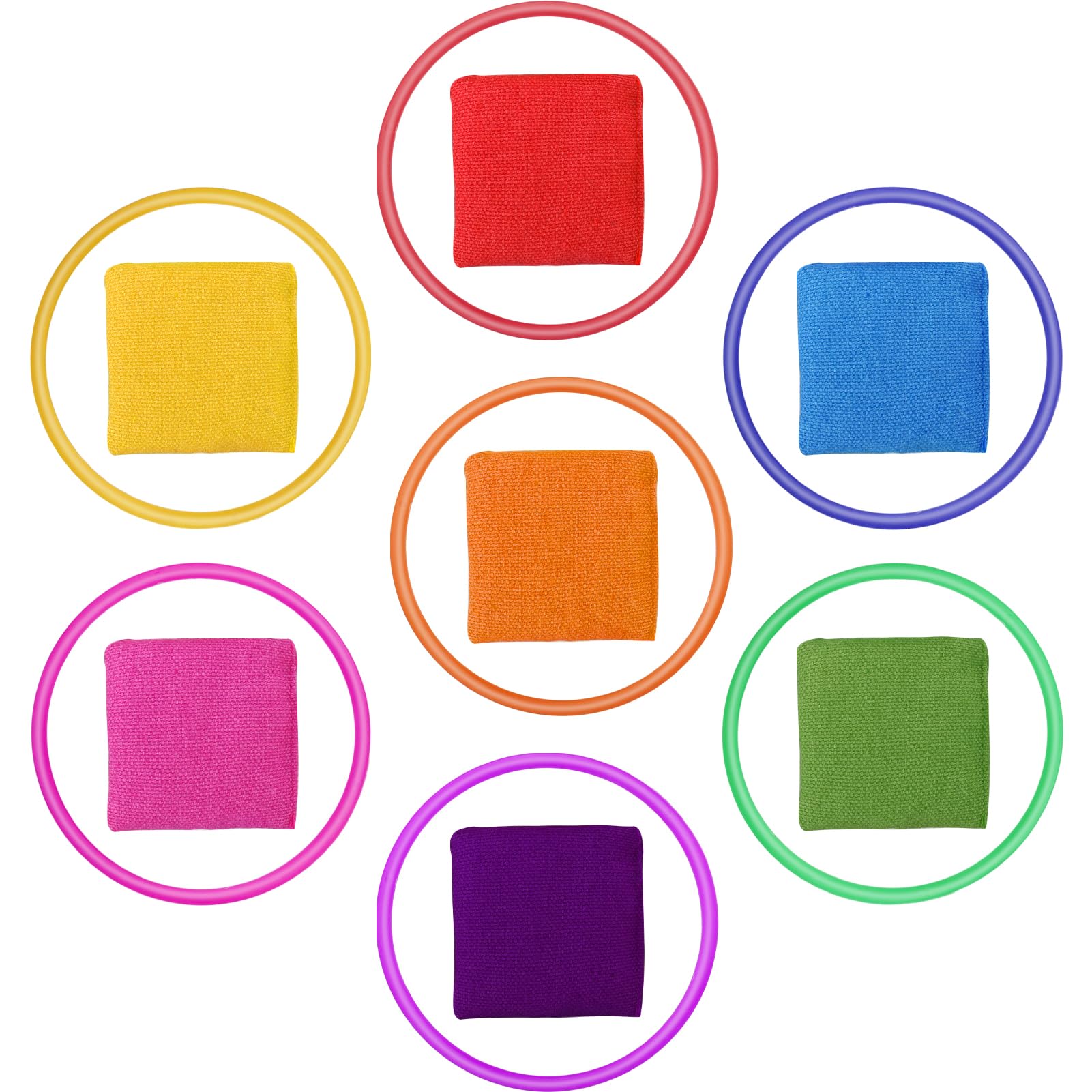 FRIUSATE 14Pcs Throwing Game Set,7Pcs Nylon Bean Bags (5 * 5CM) 7Pcs Plastic Toss Rings Colorful Kids Beanbag Toss Game Carnival Toys for Toddlers Kids Indoor Outdoor Activities