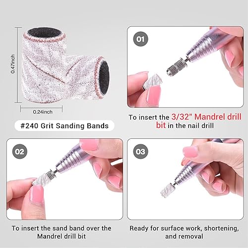 Miniatura 30 de MelodySusie 100 unidades de brocas de uñas, bandas de lijado para taladro de uñas, 120 bandas de lijado de lima de uñas de grano medio para uñas