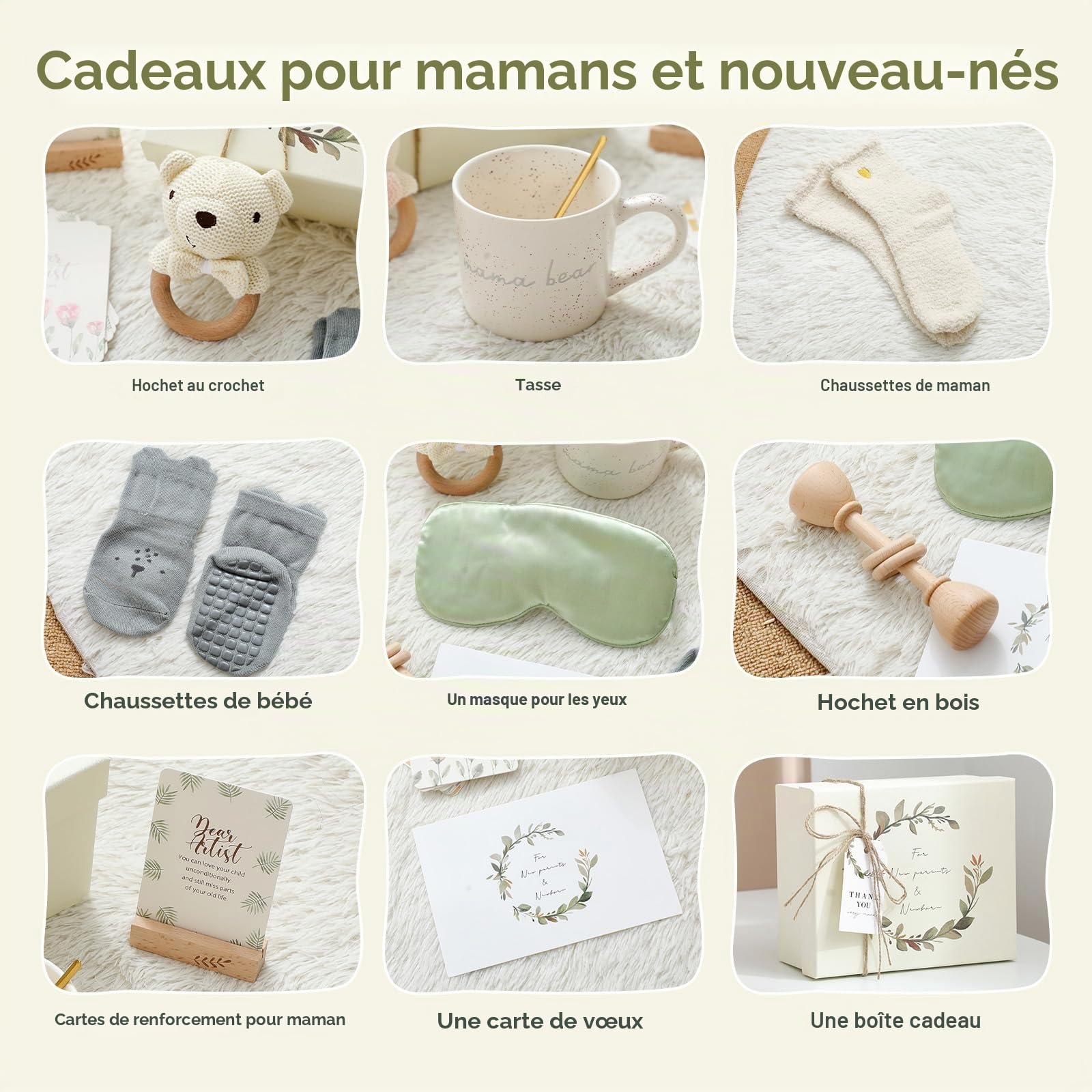 WOODEN TEETHER Cadeau bébé 9 pièces fille garçon, ensemble personnalisé pour futures mamans avec carte maman, masque pour les yeux, tasse, carte de vœux, hochet bébé, gâteau de couches boîte cadeau