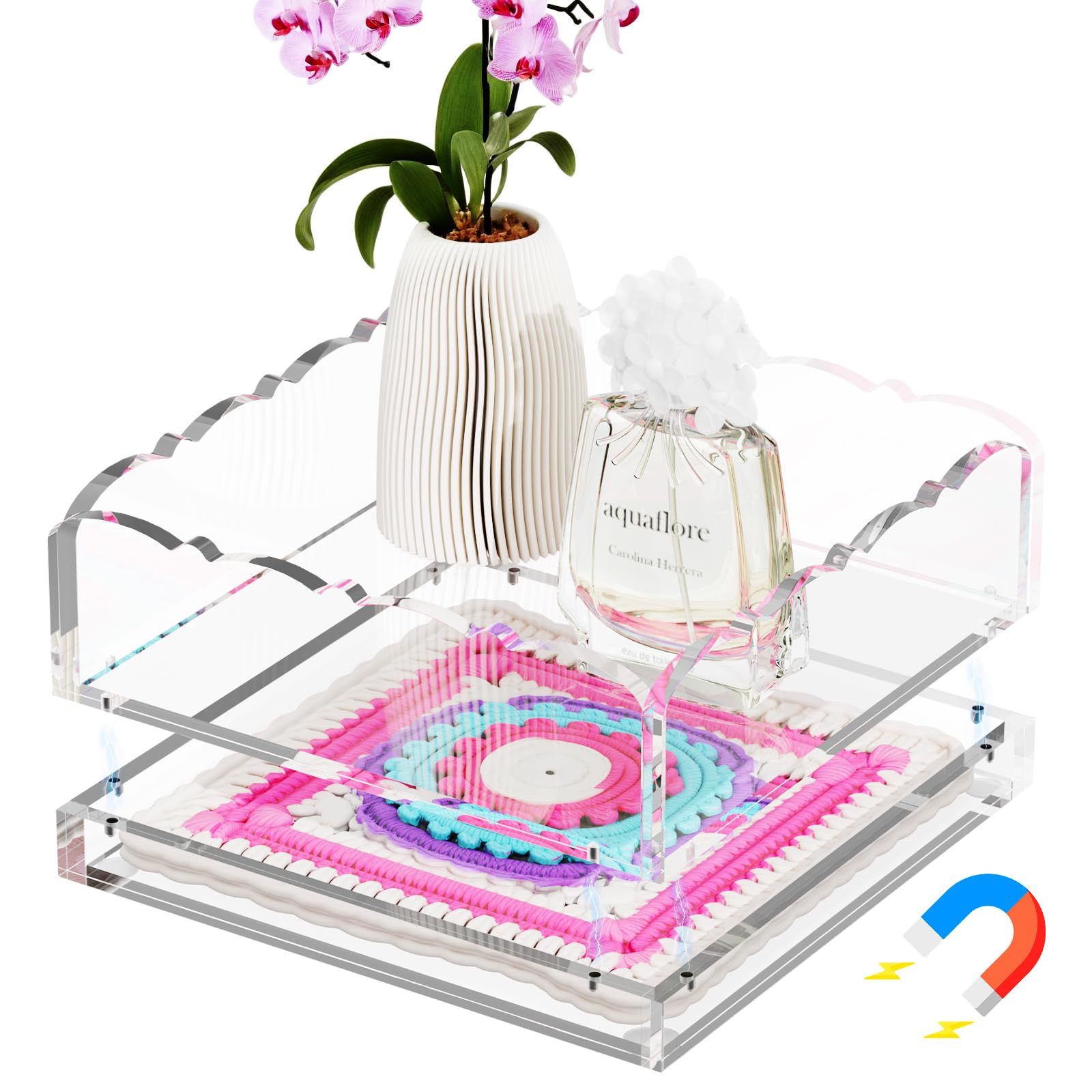 Plateau festonné en acrylique 15,9 cm avec organisateur de bijoux magnétique transparent