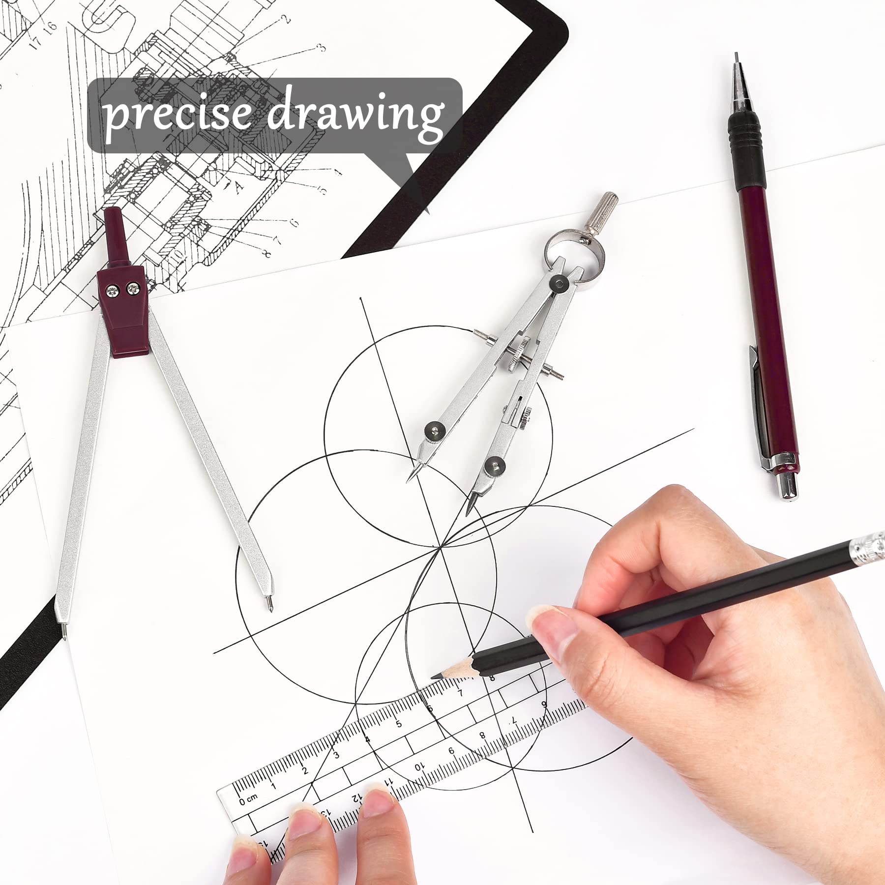Juego de geometría - Brújula de metal y herramientas de dibujo, instrumentos de precisión para estudiantes e ingenieros, incluye caja de almacenamiento inastillable, ideal para dibujo circular y