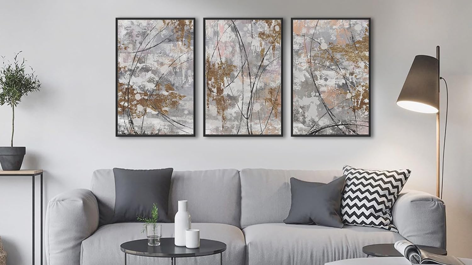 large framed abstract wall art - rustic black line painting prints 20"x28" each, set of 3 modern gray brown canvas pictures contemporary geometric artwork for living room bedroom home office decor gray 20"x28"x3 framed