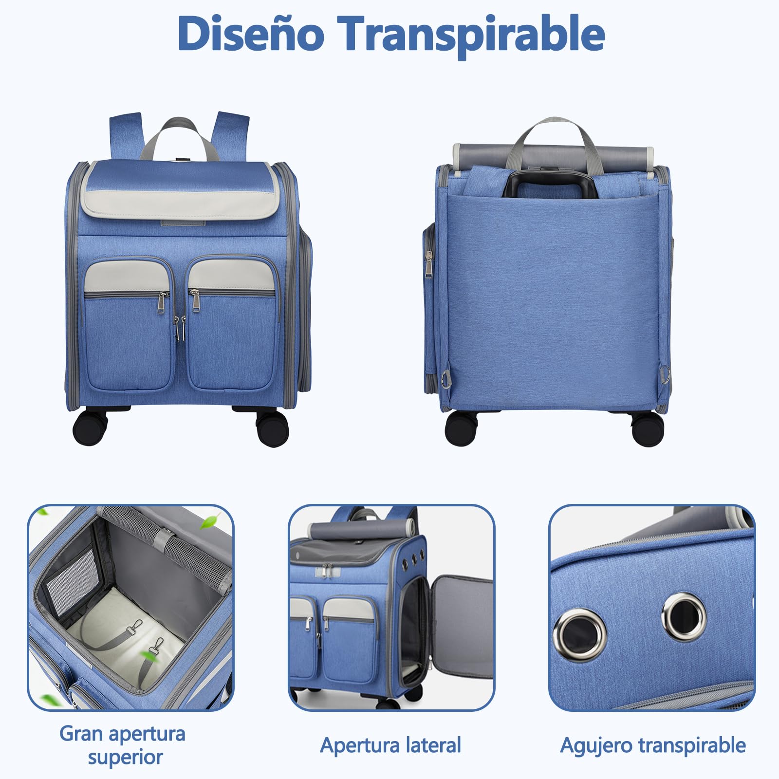 Galatée Mochila para Perros con Ruedas Extraíbles, Bolsa De Viaje para Perros Aprobada por Aerolíneas, Carriola Plegable para Mascotas con Ventanas De Malla para Ventilación(Gris)