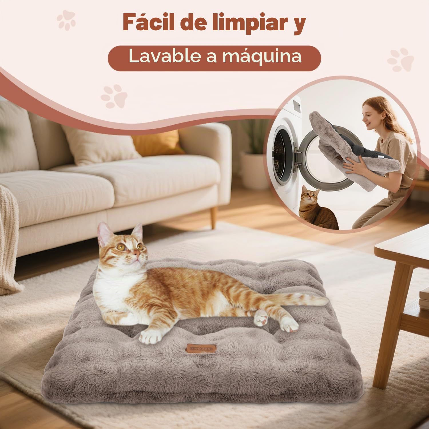 Nobleza Camas para Gatos de Interior, Cama Gato Manta Espesa para Gatos y Perros Pequeños, Esponjoso y Lavable, con Parte Inferior Antideslizante, 70 x 50 x 8 cm, Marrón