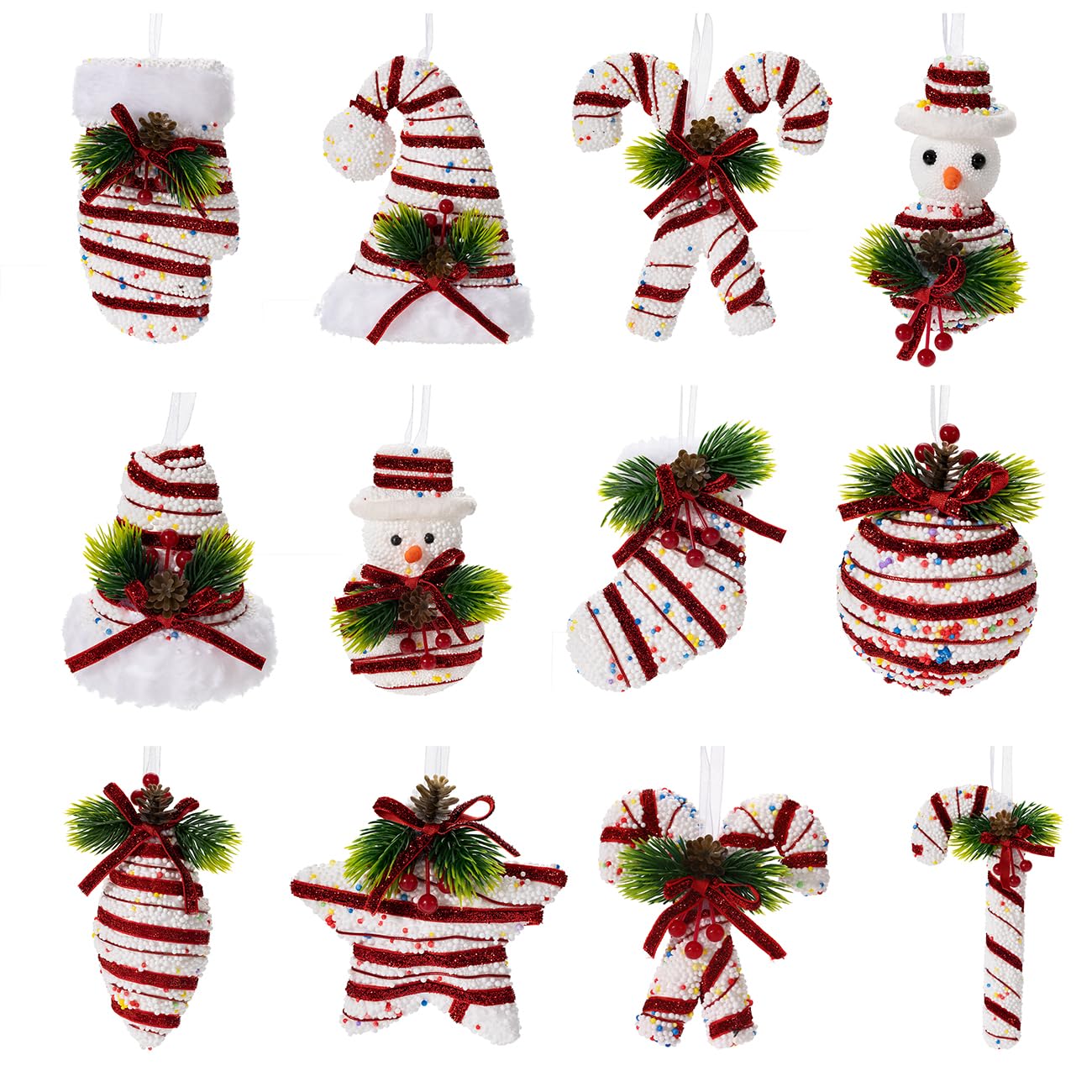 LANGXUN 12pcs Christmas Tree Hanging Decorations for 2025, Indoor Outdoor 3D Christmas Decor, Novel Snowman Santa Hat Candy Cane Xmas Balls Ornaments, for Home Birthday Party Supplies Gifts