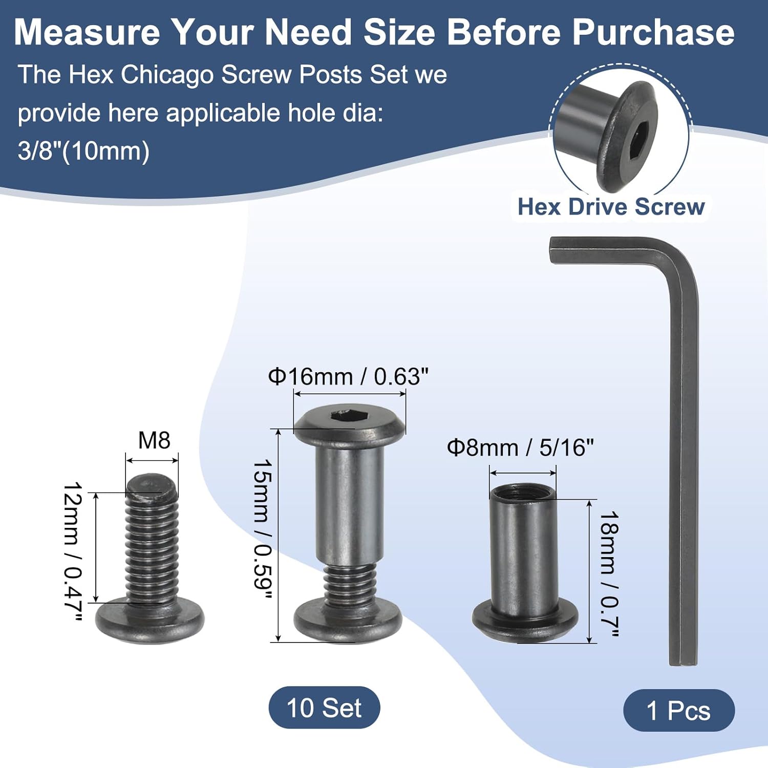 MECCANIXITY Hex Drive Socket Cap Bolt, 10 Set Binding Screw Posts Fit for 3/8"(10mm) Hole Dia Male M8 x 12mm Carbon Steel Binding Bolts with Wrench for Leather Scrapbook, Black Oxide