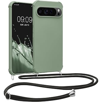 kwmobile Necklace Case Compatible with Google Pixel 9 Pro XL Case - Cover with Cord for Hanging - Silicone Protective Case Grey Green