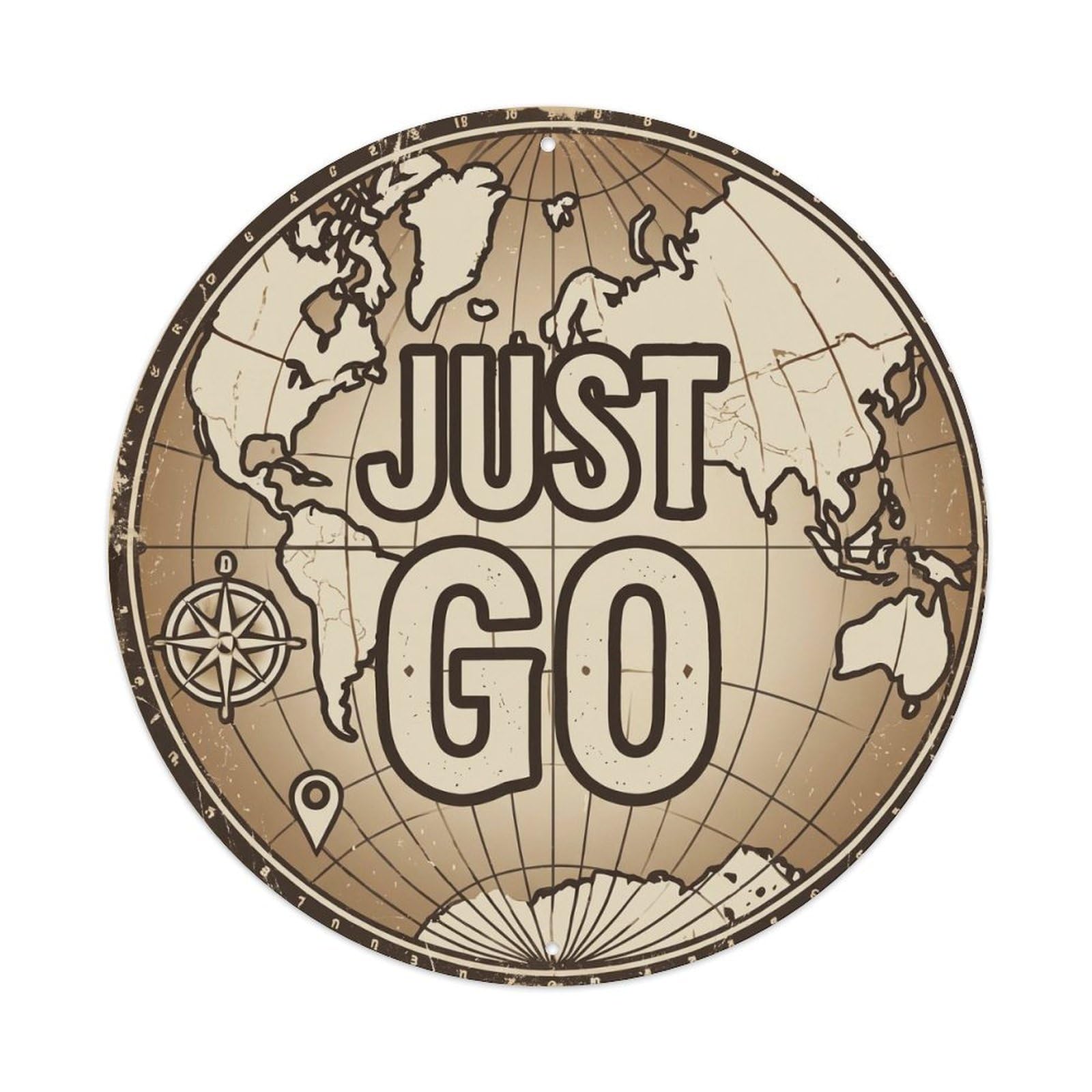 Vintage World Map with Compass Just Go Azimuthal Metal Tin Sign