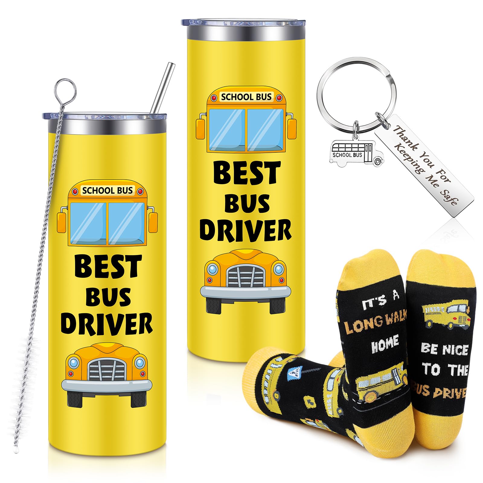 Tioncy 3 Pcs School Bus Driver Appreciation Gifts 20 oz Bus Driver Gifts for Women Men Bus Driver Tumbler Cup Stainless Steel Keychain and Socks for Retired Bus Driver Back to School End of Term