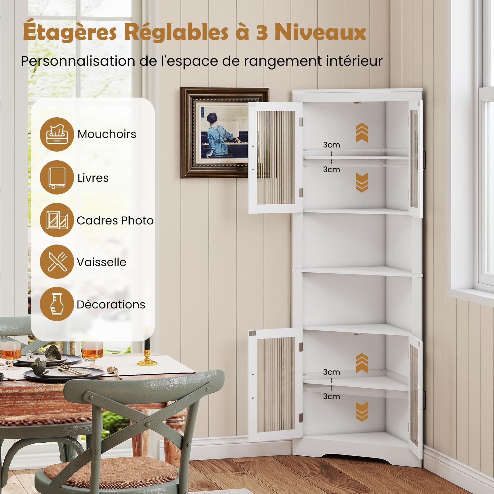 GOPLUS Armoire d'Angle de 171 CM de Haut,Meuble de Rangement à 6 Niveaux avec 4 Portes en Verre, Étagères Réglables sur 3 Niveaux, Charge 60KGpour Salle de Bain, Salon, Cuisine, 66 x 35 x 171 cm Blanc
