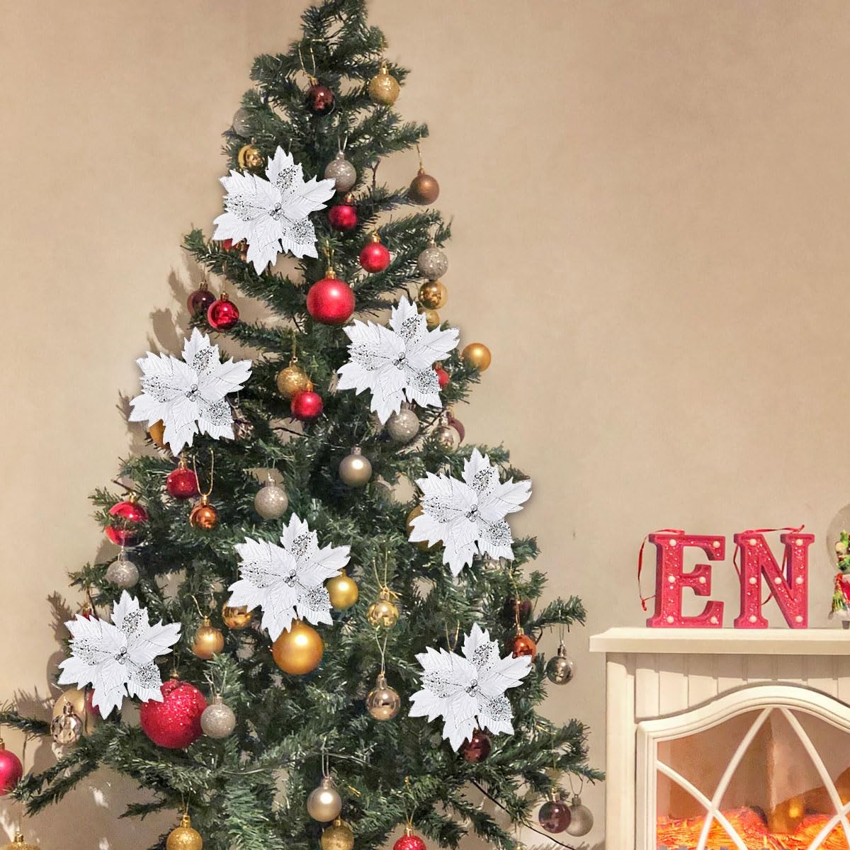 12 PCS Christmas Poinsettia Flowers Artificial, 10 inch Christmas Tree Ornaments White Velvet Poinsettia, Glitter Faux Flowers with Long Stems for Xmas Tree Wreath Garland Wedding Party DIY Decor