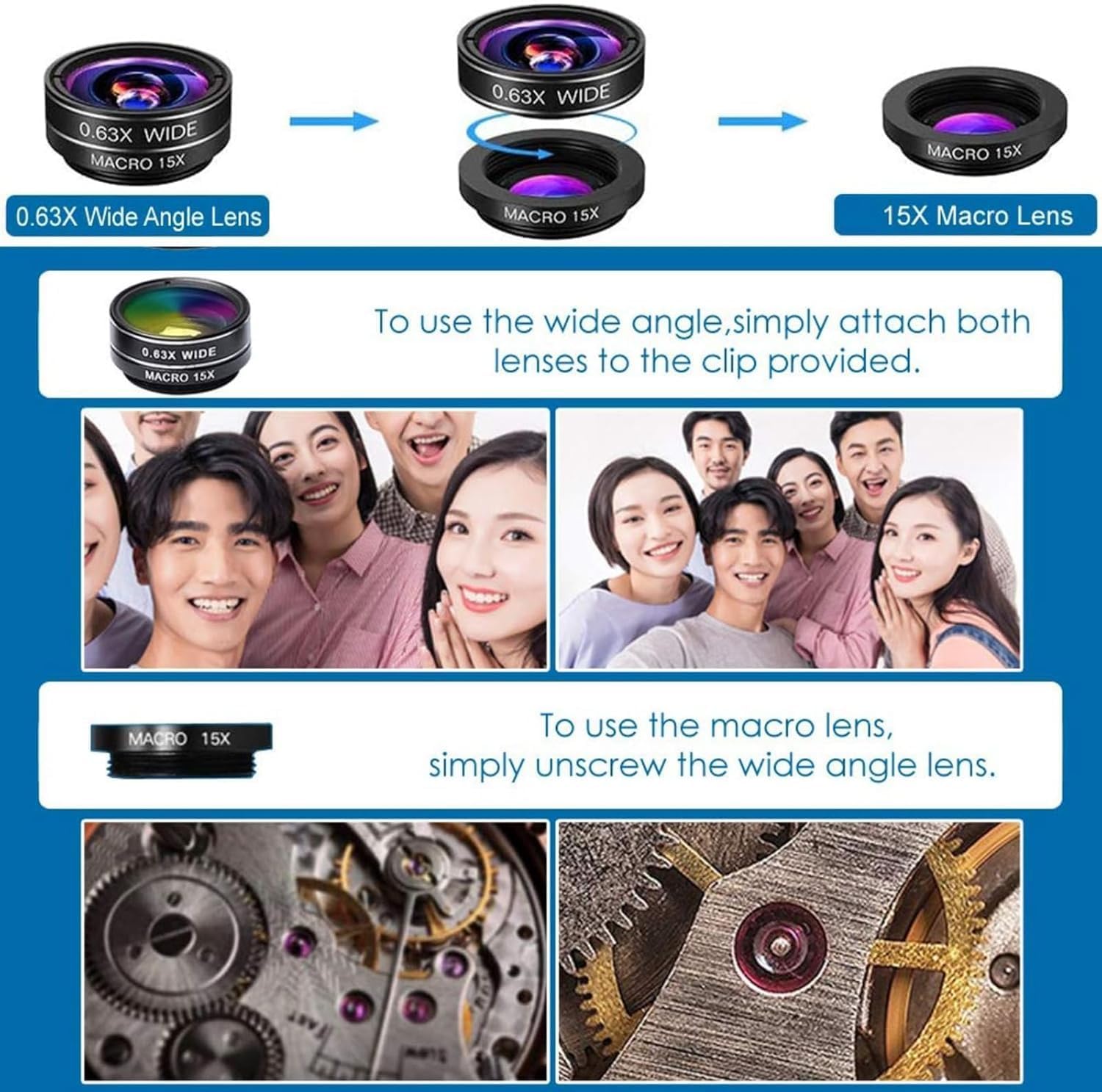 5 en 1 Objectif téléphone, lentille Smartphone,Objectif Fisheye 198°,Objectif Macro 15X+ Grand Angle 0.63,CPL/2X Téléobjectif pour la Plupart des Smartphones (Noir)