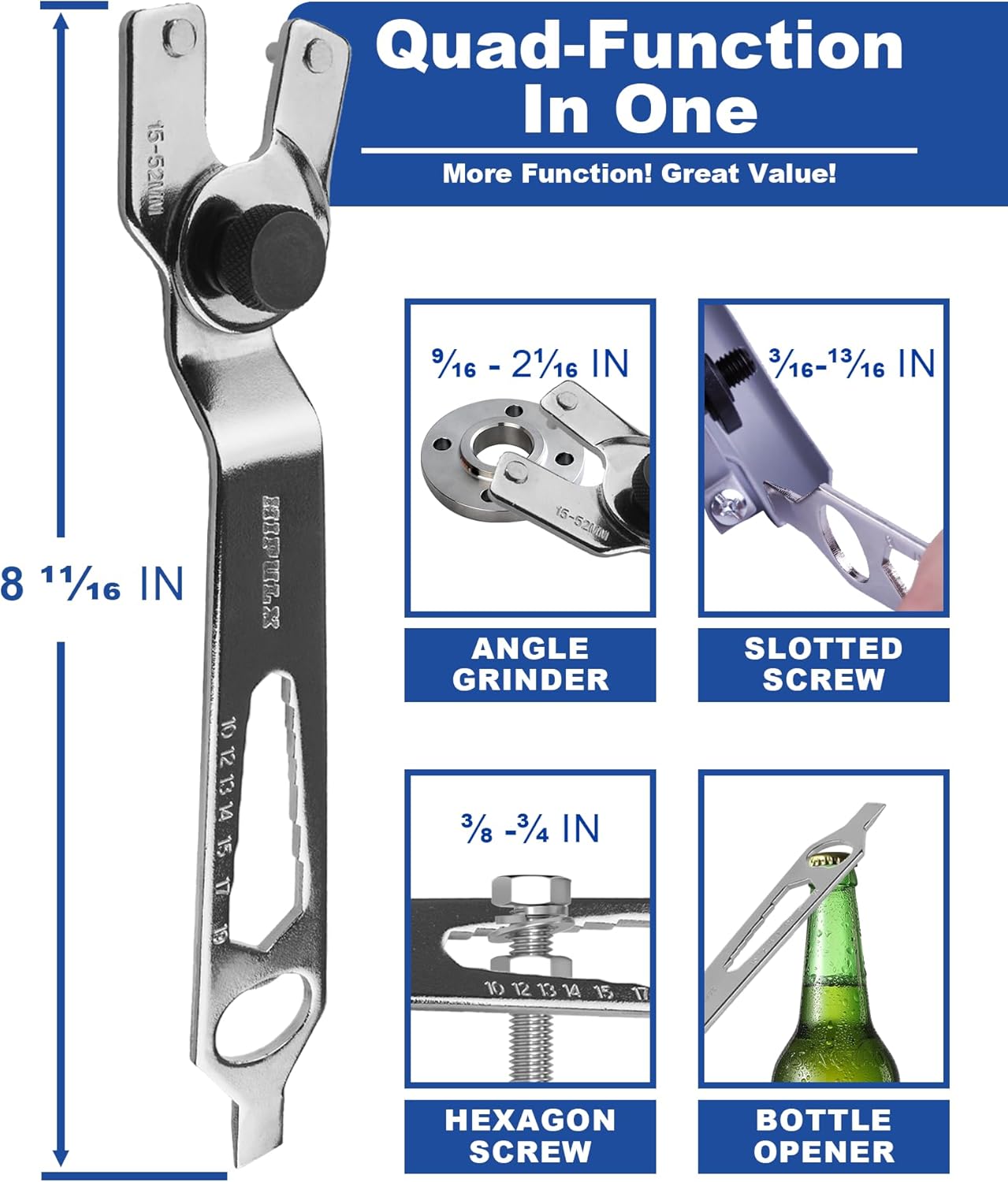 4-in-1 Angle Grinder Wrench | Multi-Function Pin Spanner | Adjustable 9/16"-2 1/16" | Hexagonal Nut Tool with Bottle Opener | A3 Steel Nickel-Plated