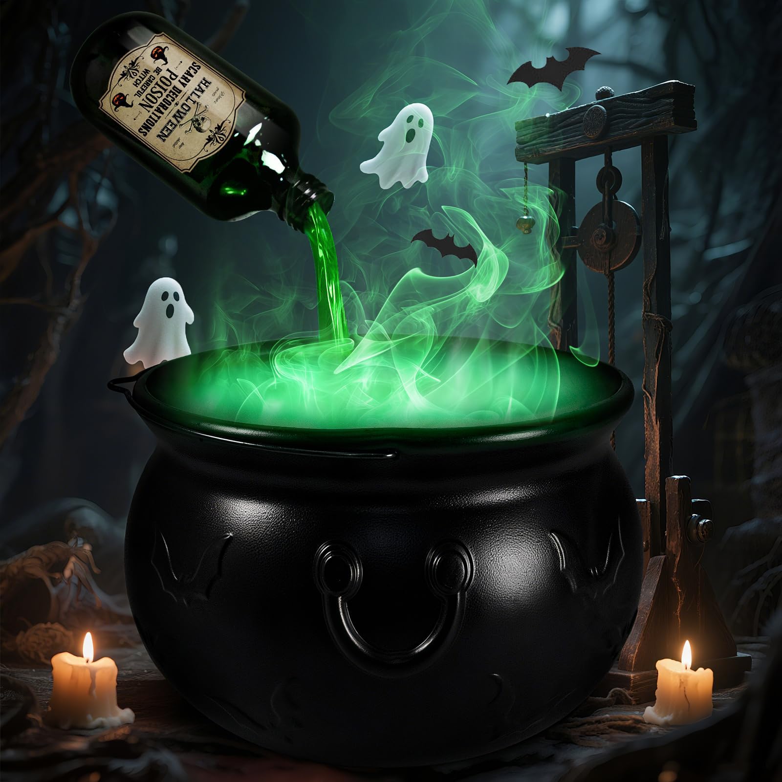 Halloween Decoration Chaudron Magique, Chaudron Sorciere DéCorations D'Halloween D'IntéRieur, Avec Bouteilles De Potion Magique Flottantes Avec Brumisateur Led, DéCoration FêTe Pourla Maison,Table (A)