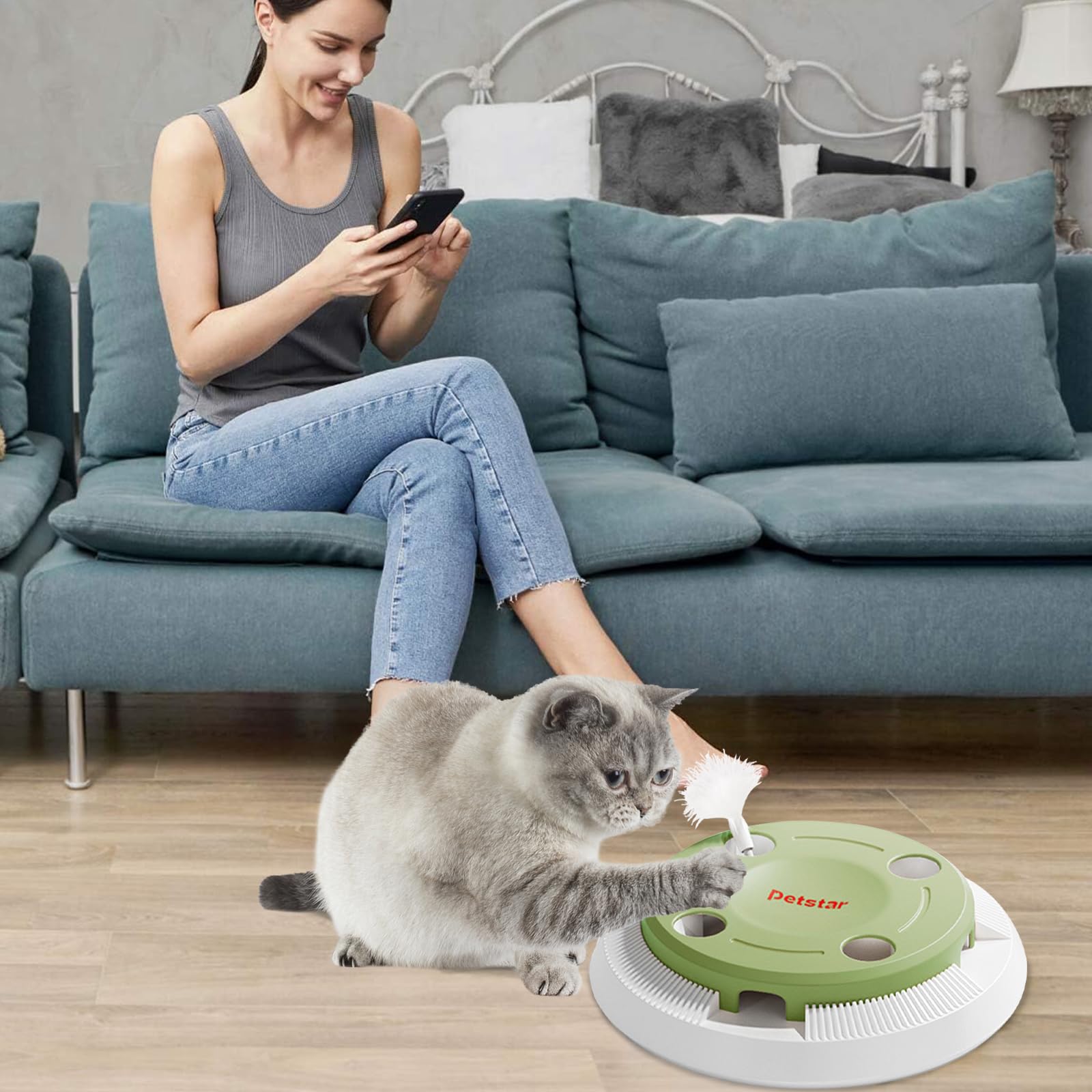 Galatée Interaktives Katzenspielzeug, Automatisches Katzenspielzeug, Intelligentes Katzenfederspielzeug, Katzen-Teaser, Robustes ABS-Material, Automatisches Katzenspielzeug Für Hauskatzen(Grün)