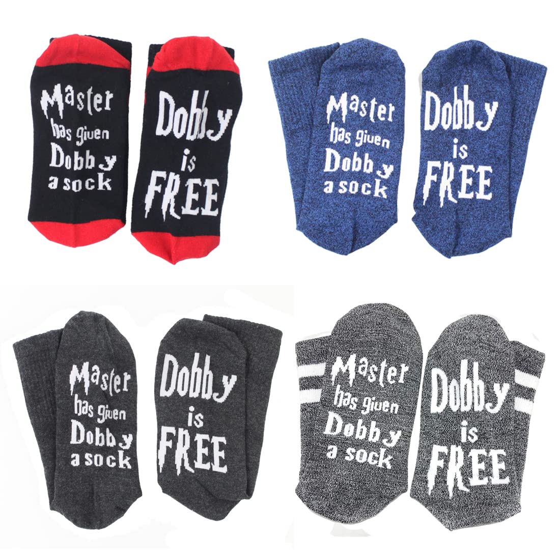 Simoda 4 Pairs Novelty Socks Funny Saying Dobby is Free Knitted Words Crew Cotton Socks for Womens Mens Gift (4 pairs)