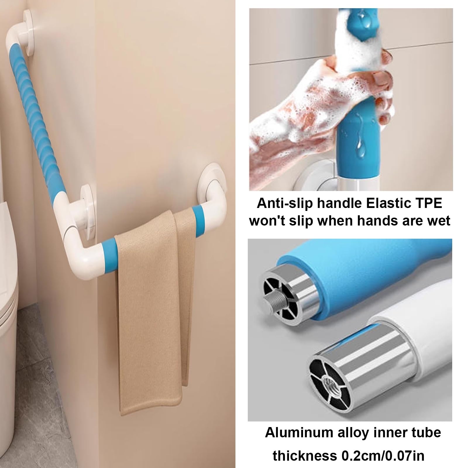 Barra de Apoyo en Forma de L para Ducha, Barras para Ducha, Montaje en Pared con Codo Giratorio y Anillo Luminoso, bañera, Cabina (Azul)
