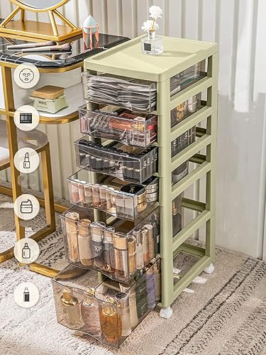 Miniatura 2 de Torre de almacenamiento de carrito de 6 cajones, marco verde, cajones transparentes champán, 31.9 x 10.5 x 13.5 pulgadas (verde)