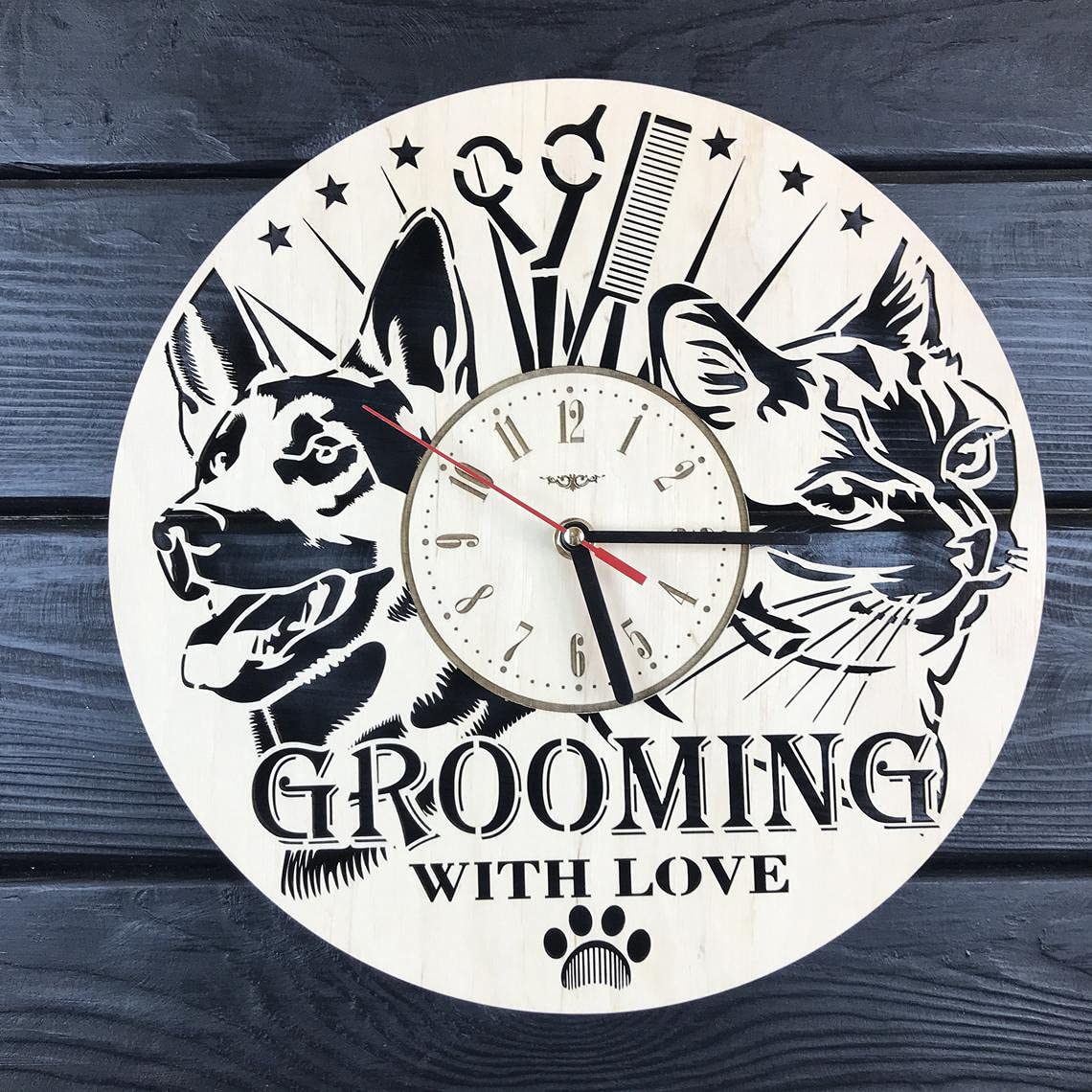 NABSTER Pet Grooming Wall Clock Wood Home Grooming Salon Decor Gifts Dog Grooming Art Kitchen Living Room Christmas Birthday Pet Grooming Clock - 12 Inch / 30 Cm