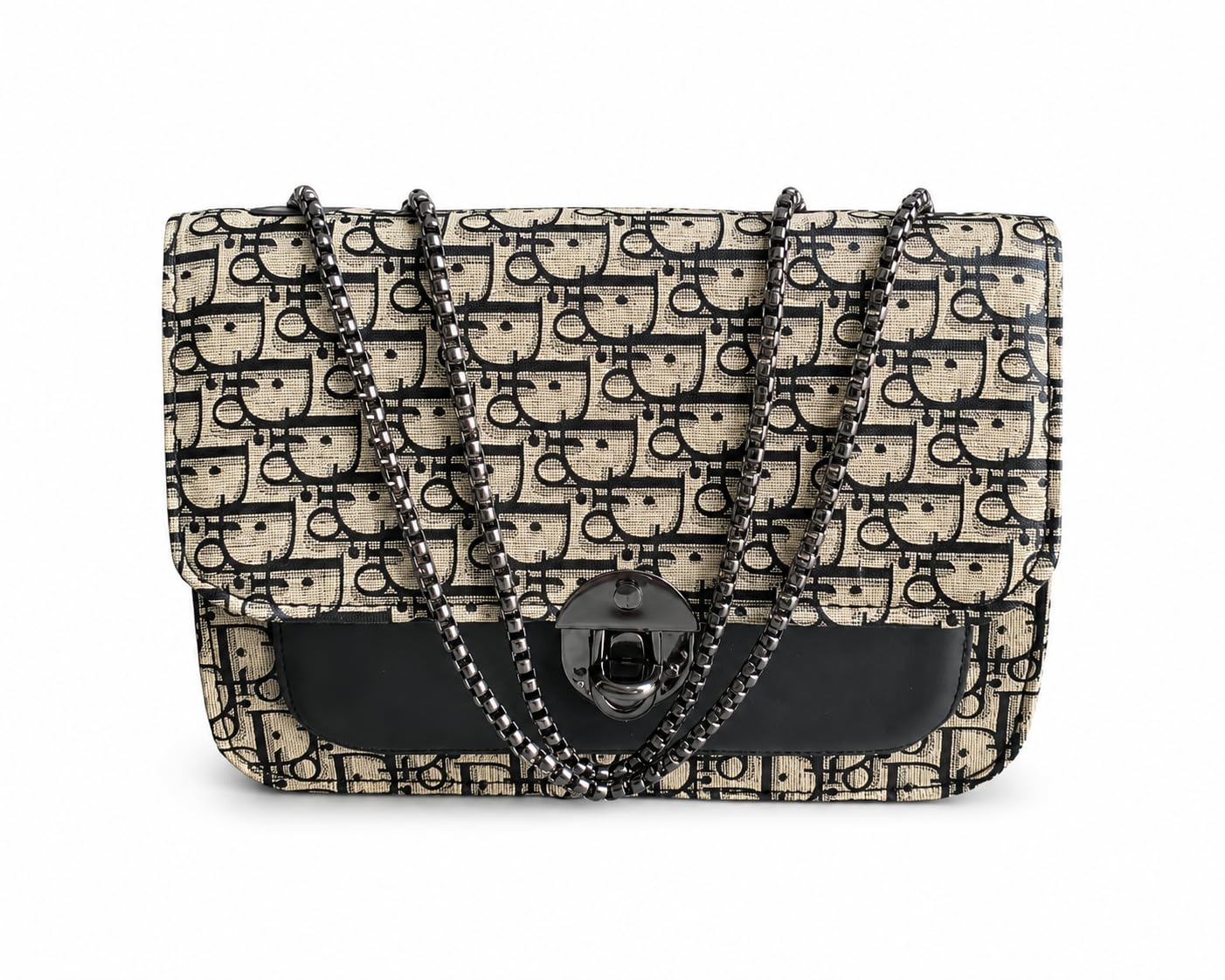 Women's Printed Sling Bag | PU Leather Crossbody Shoulder Handbag with Metal Chain Strap & Turn Lock Closure | Stylish Purse for Office, Travel, Party & Casual Use | Beige & Black-picture-32