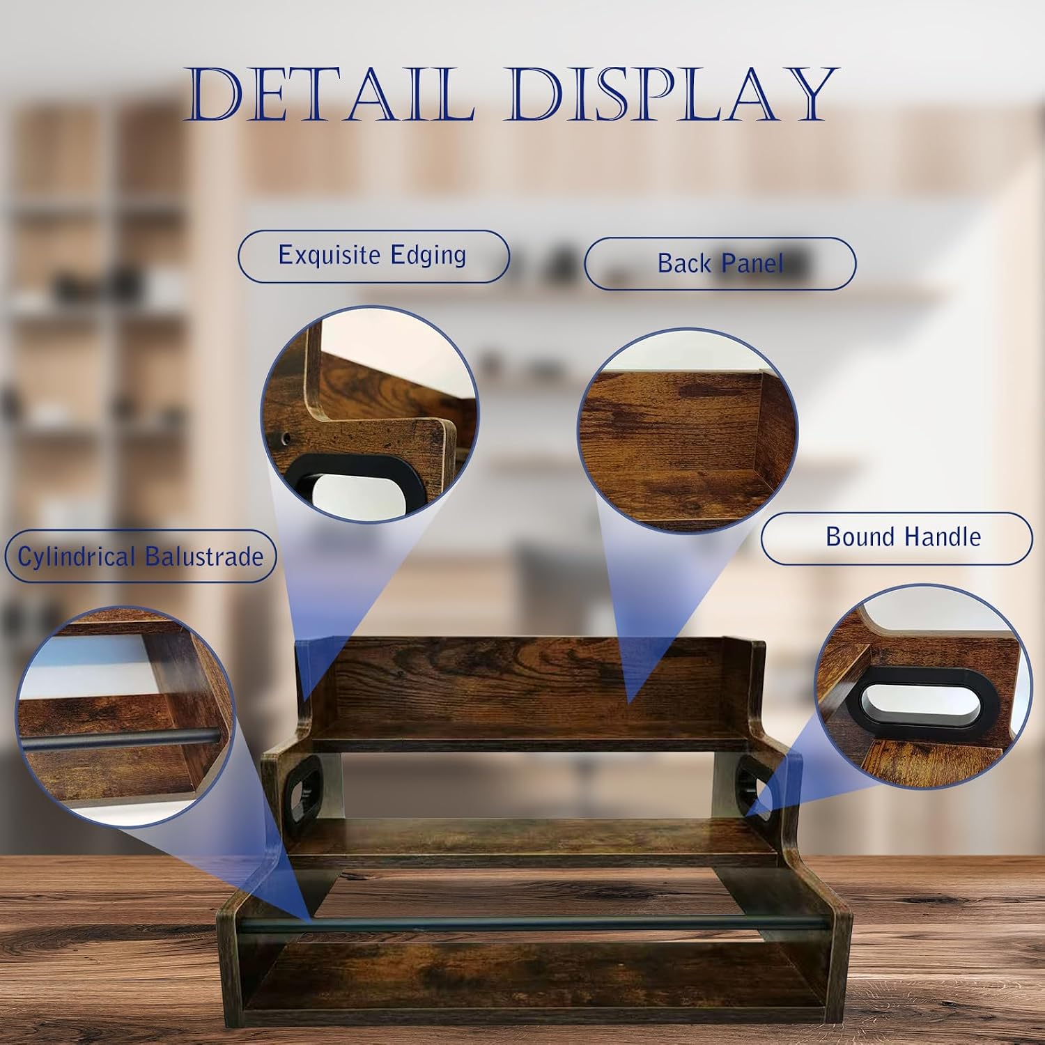 3 Tier Wooden Display Stand Risers, Perfume Organizer Shelf with Handle Countertop Spice Rack Brown