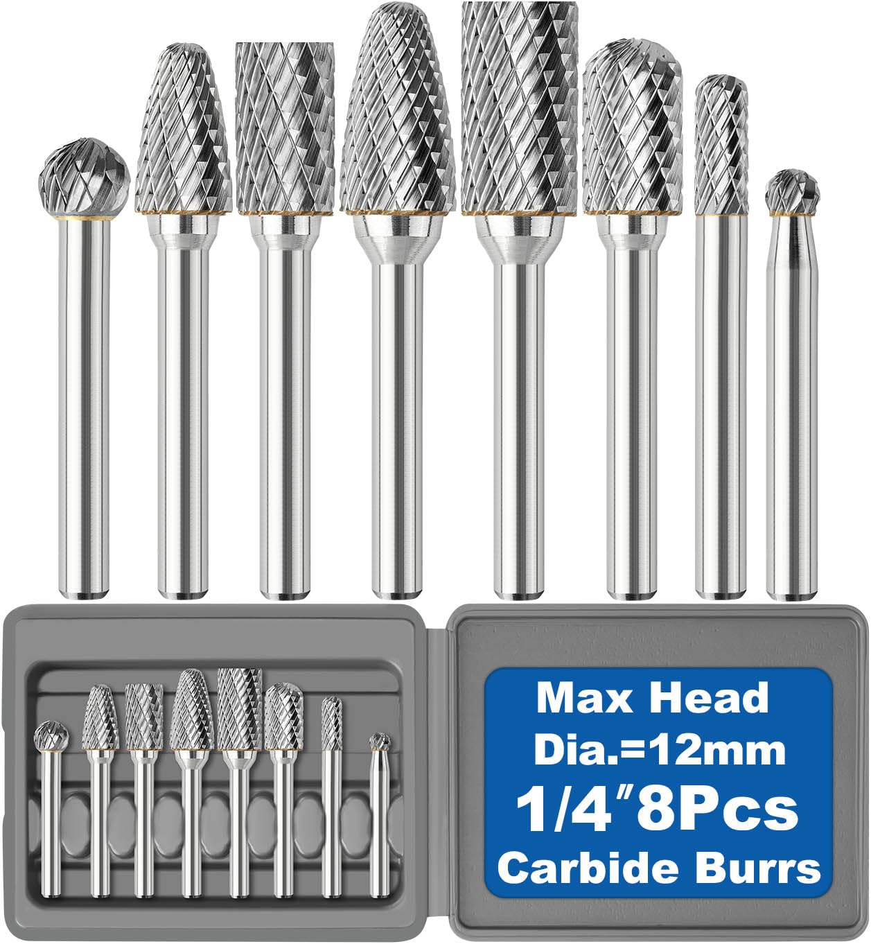 Sworker Hartmetall-Frässtift-Set, 1/4-Zoll-Schaft mit grauer flacher Box, maximaler Kopfdurchmesser 12 mm, Schleifwerkzeuge, Aufsatz-Set, Zubehör, Metall, Holz, Stein, Stahl, Schleifen, Entgraten