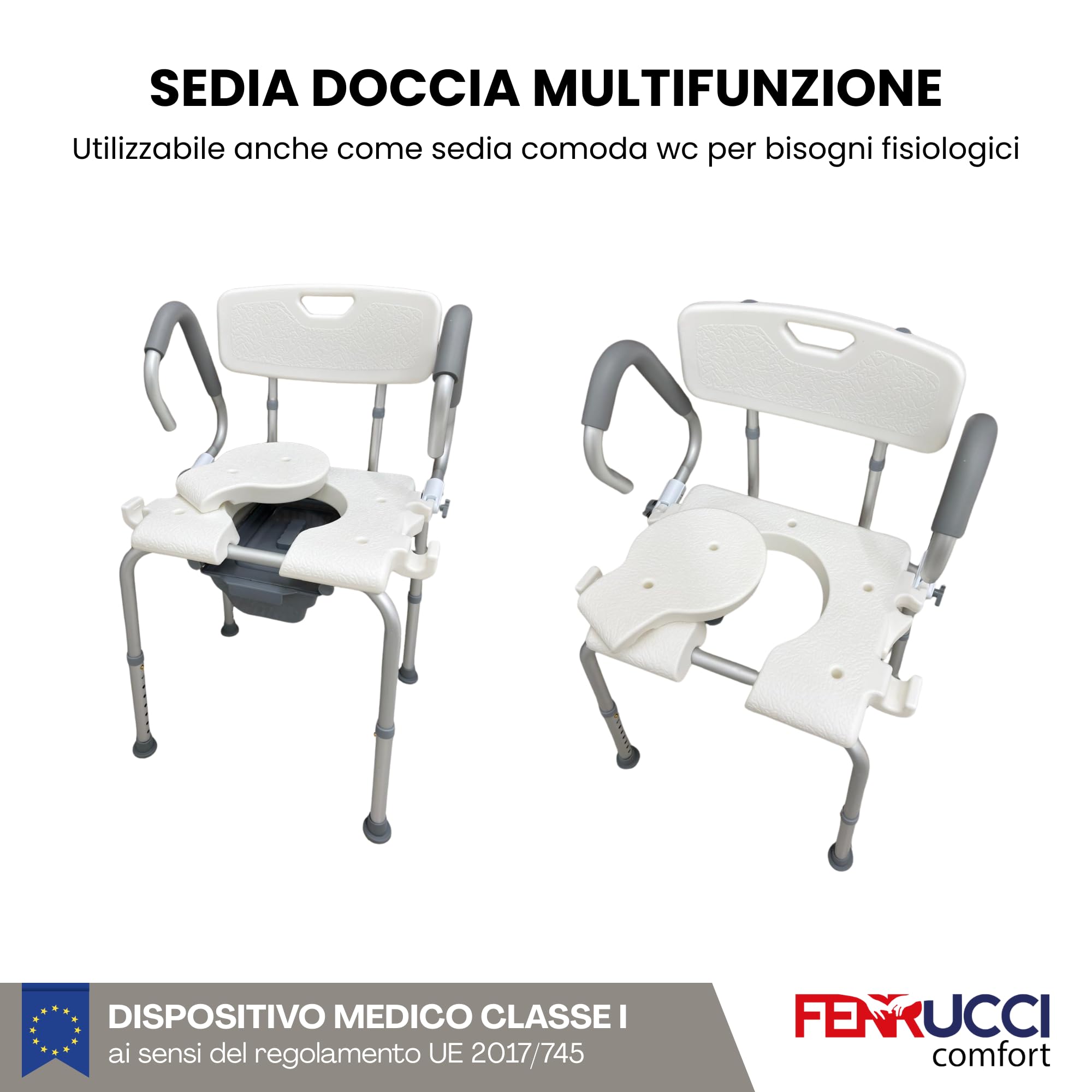 Sedia da Doccia e WC Comodo Multifunzione con Secchio - Regolabile in Altezza, in Alluminio, Braccioli sollevabili - per Anziani e Disabili - Dispositivo Medico Classe 1