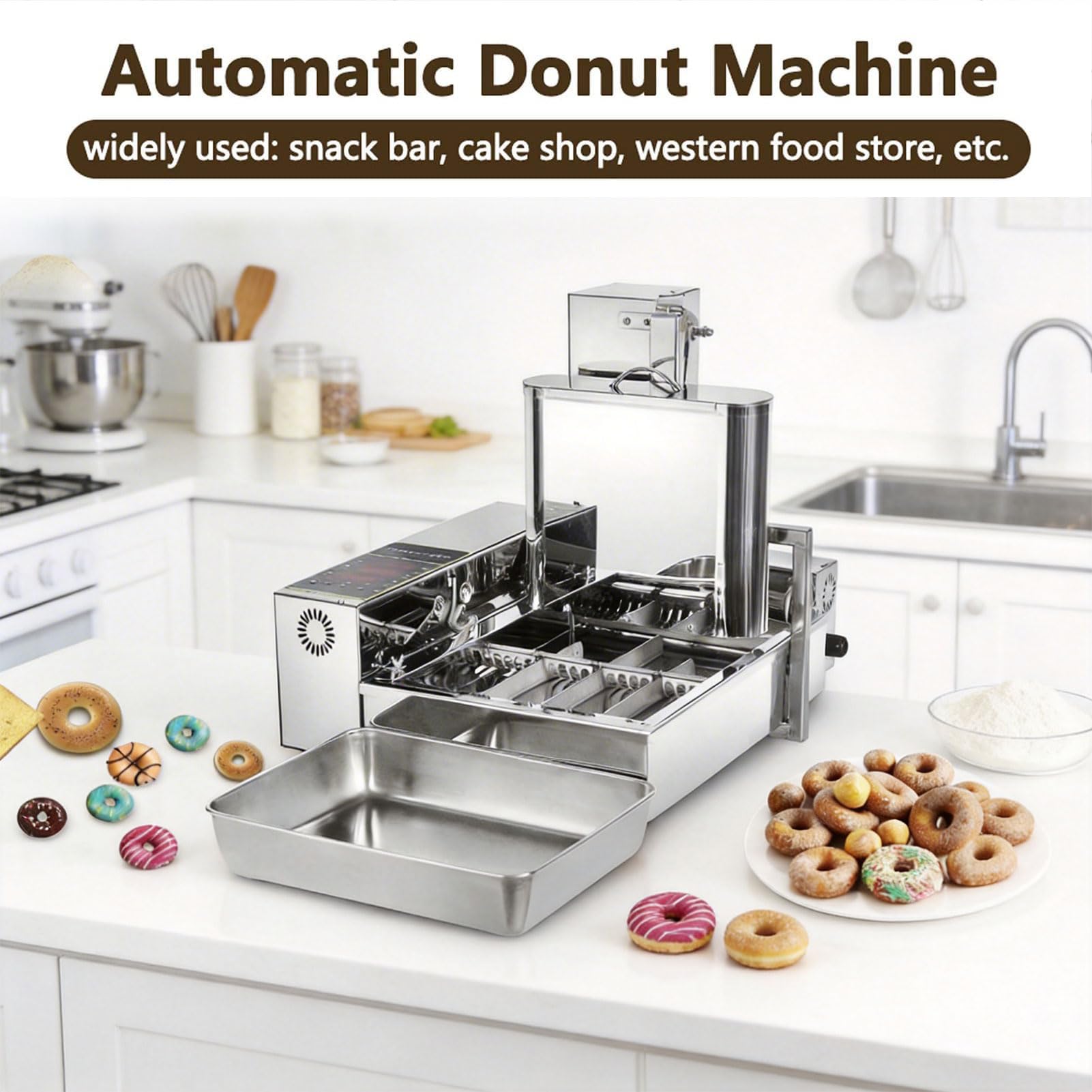 Genérico 2000W Commercial Donut Making Machine, 4/6 Fila Fils Automatic Donut Maker con Panel de Control Inteligente, Auto Flip & Adjustable Thickness, para Panaderías, Cafés y Donut Shops 4 Filas