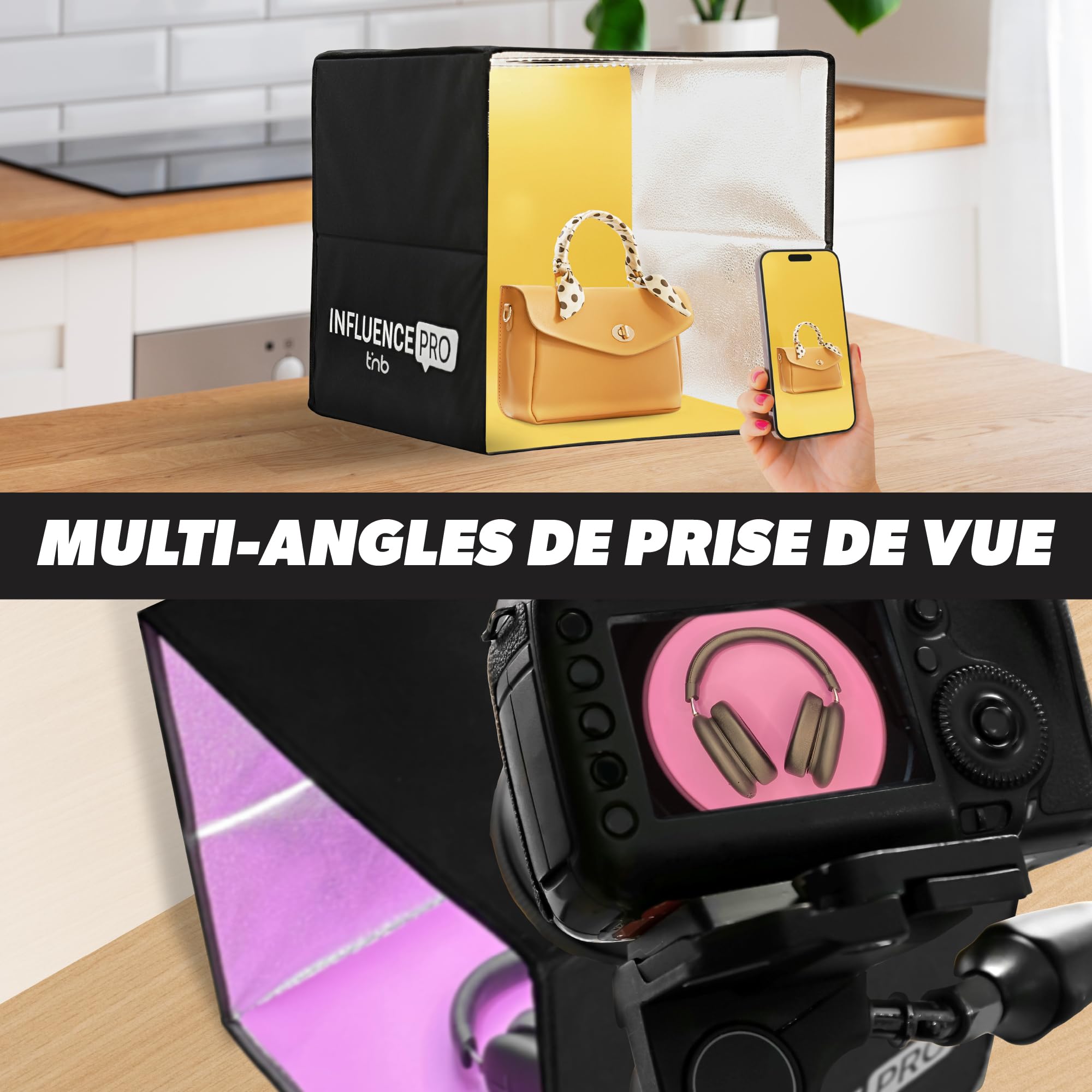 T'nB - Studio Photo Portable 40x40x40cm, idéal pour réaliser Vos Produits de qualité Professionnelle à Domicile ou pour déplacement, 12 Fonds, 10 Niveaux de luminosité - Noir