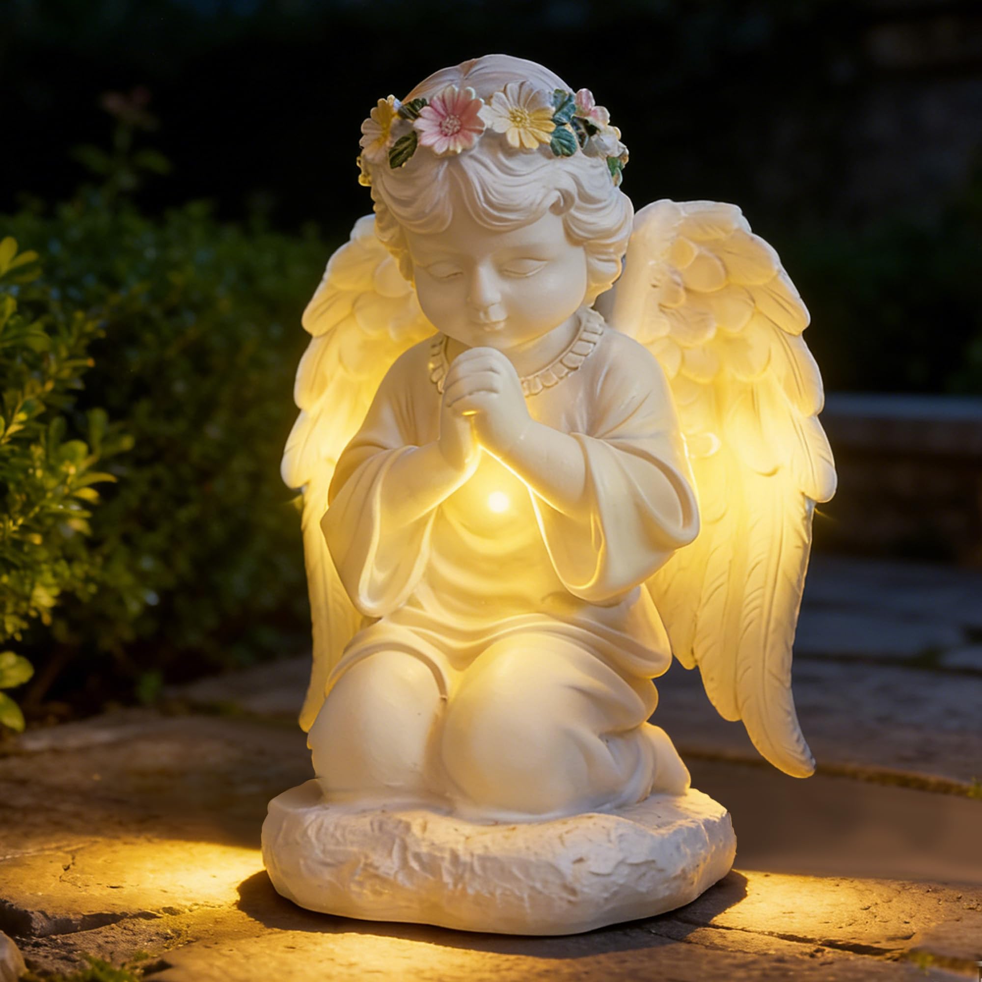 Solar Engel Figur für Grab Wetterfest Außendekoration - Gebetsvolle LED-Schutzengel-Statue mit Solarbetriebenem LED-Licht, Feenengel-Skulptur, Geeignet für Gärten, Rasenflächen, Innenhöfe, Terrassen