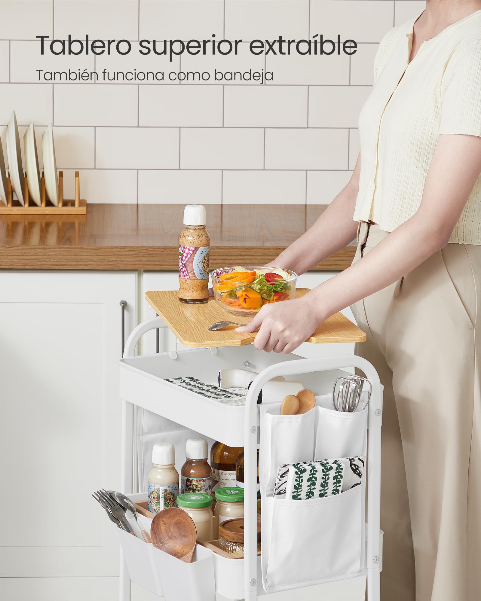 SONGMICS Carro de 3 Niveles, Carro con Estante, 2 Contenedores Colgantes Extraíbles, 6 Bolsillos Laterales, para Sala de Estar, Estudio, Cocina, Baño, Blanco Nube LRC036W01