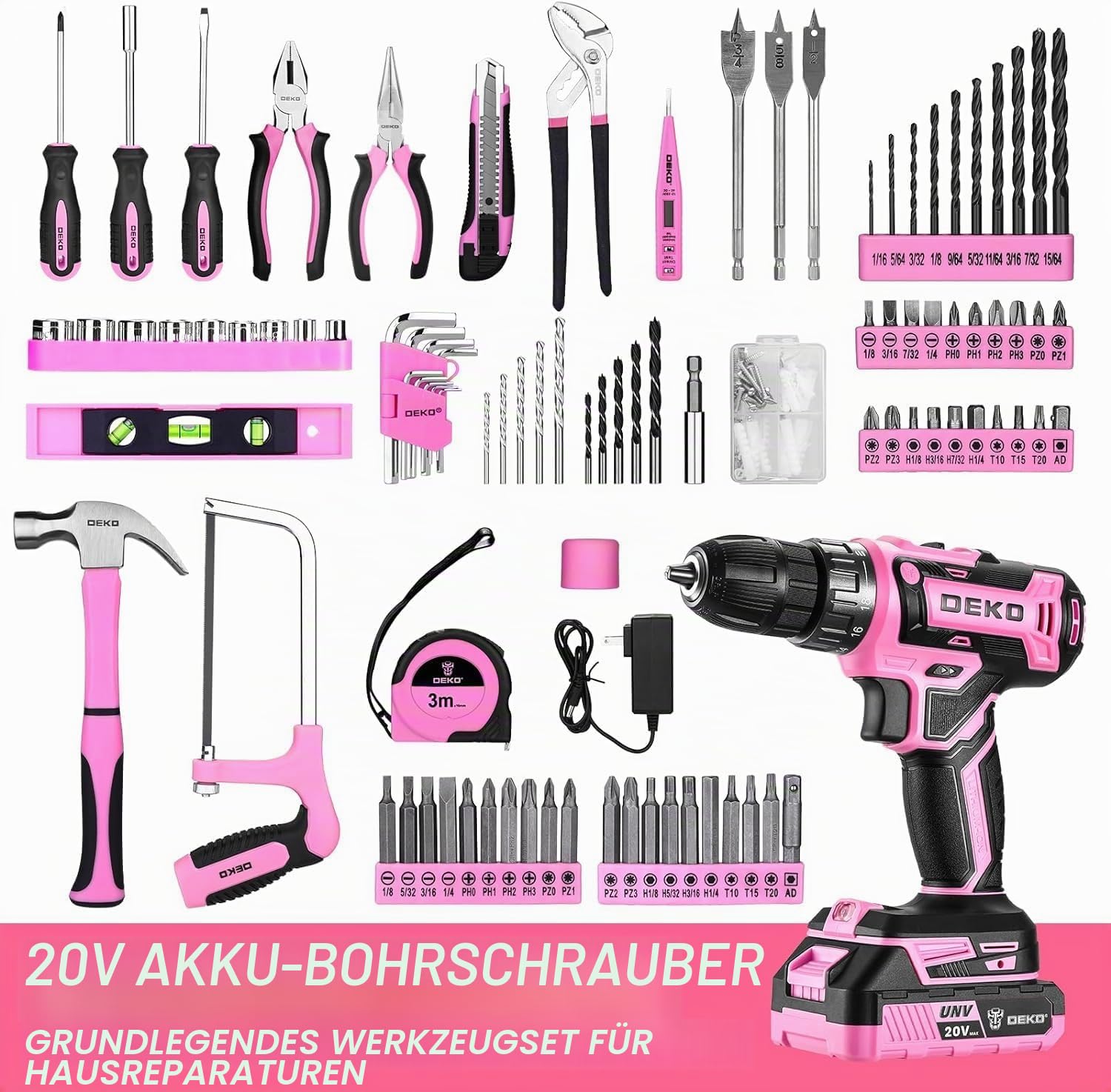 186-Teiliges Werkzeugkoffer mit Akkuschrauber: DEKO Werkzeugkasten mit 20 V Rosa Akkubohrer für Frauen Zuhause Handreparatur Grundlegende Werkzeugsets