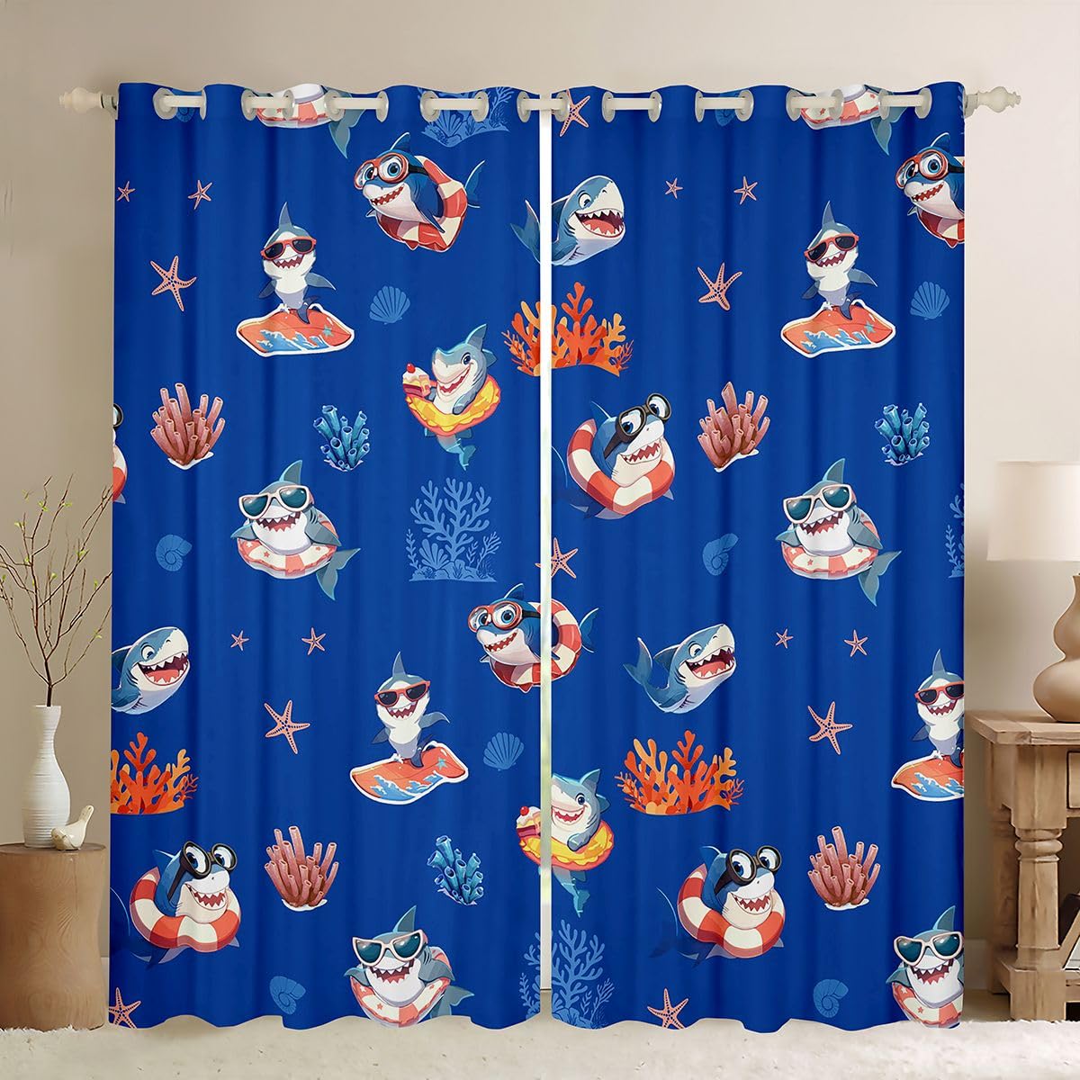 Homemissing Tende oscuranti per camera da letto e soggiorno, motivo squalo in stile cartone animato, tende oscuranti con animali marini, 2 pannelli, 167,6 x 228,6 cm, decorazione per la stanza
