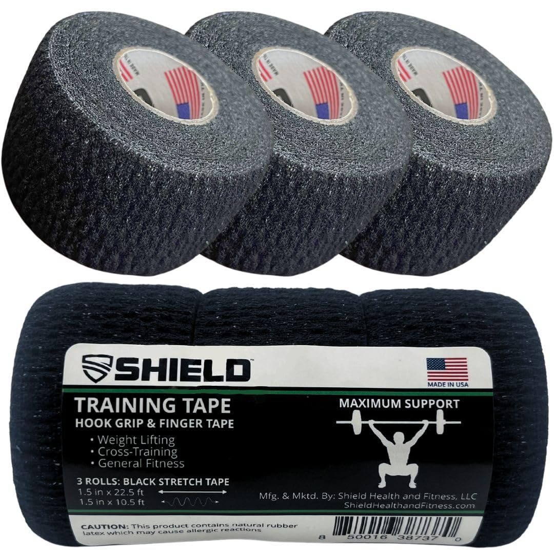 SHIELD | Weightlifting Tape - Made in USA, Hook Grip, Cross-Training, WOD Grip Tape 3-Pack Durable, Non-Slip, Comfortable Stretchy Athletic Tape  Thumb, Wrist, Finger Protection (Black)