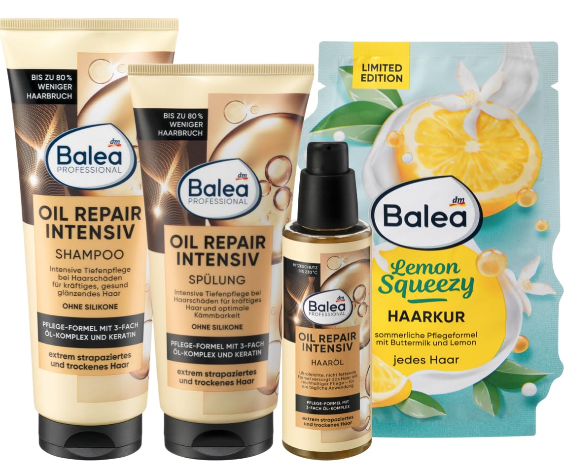 Balea Set of 4 Hair Care: Professional Shampoo Oil Repair Intensive (250 ml) + Conditioner Oil Repair Intensive (200 ml) + Hair Oil Repair Intensive (100 ml) + Hair Treatment Lemon Squeezy (25 ml),