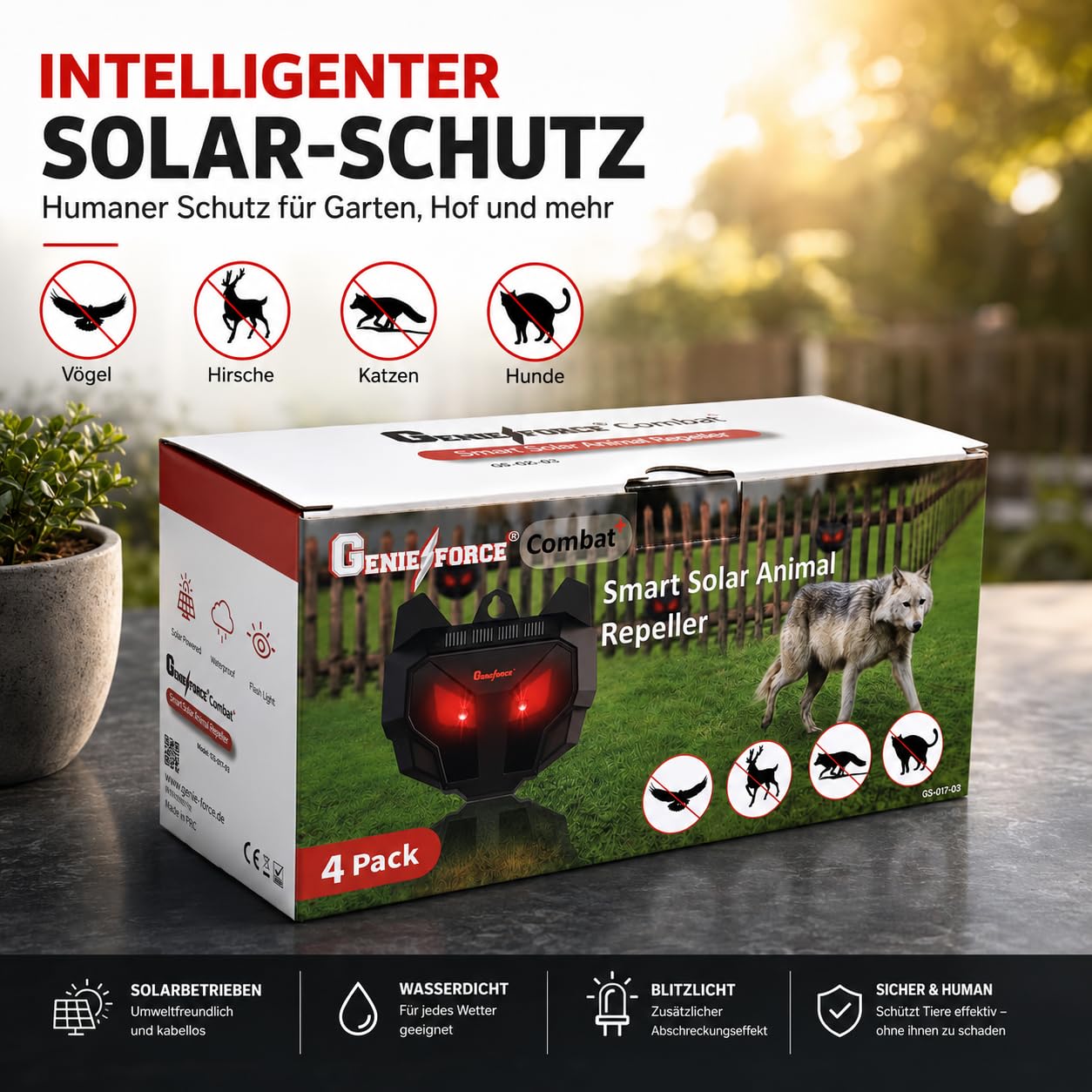 Genieforce solarny odstraszacz zwierząt z czerwonymi diodami LED, odstraszacz zwierząt, przeciwko dzikim zwierzętom, drapieżnikom, kunom, lisom, szopom praczom, zasilaniu energią słoneczną na podwórko