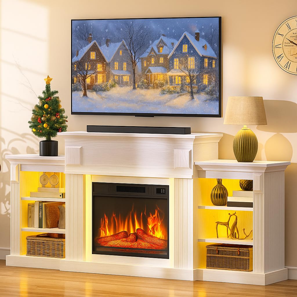 YITAHOME 72" Camino Elettrico, Effetto Fiamma 3D Realistico Mobile TV con Spazio di Archiviazione Aperto, Camino Elettrico da Terra con Timer a Striscia Luminosa a LED e Telecomando