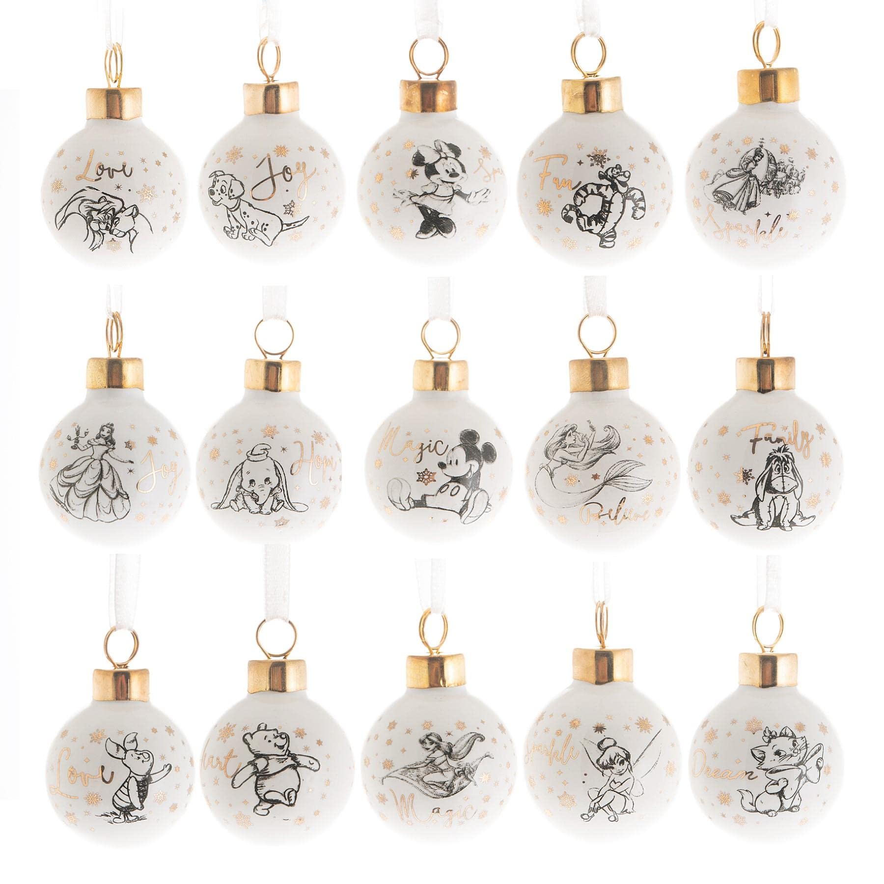 Disney Mini 40mm Baubles Tree Decorations - Set of 15 8659, Gold,white
