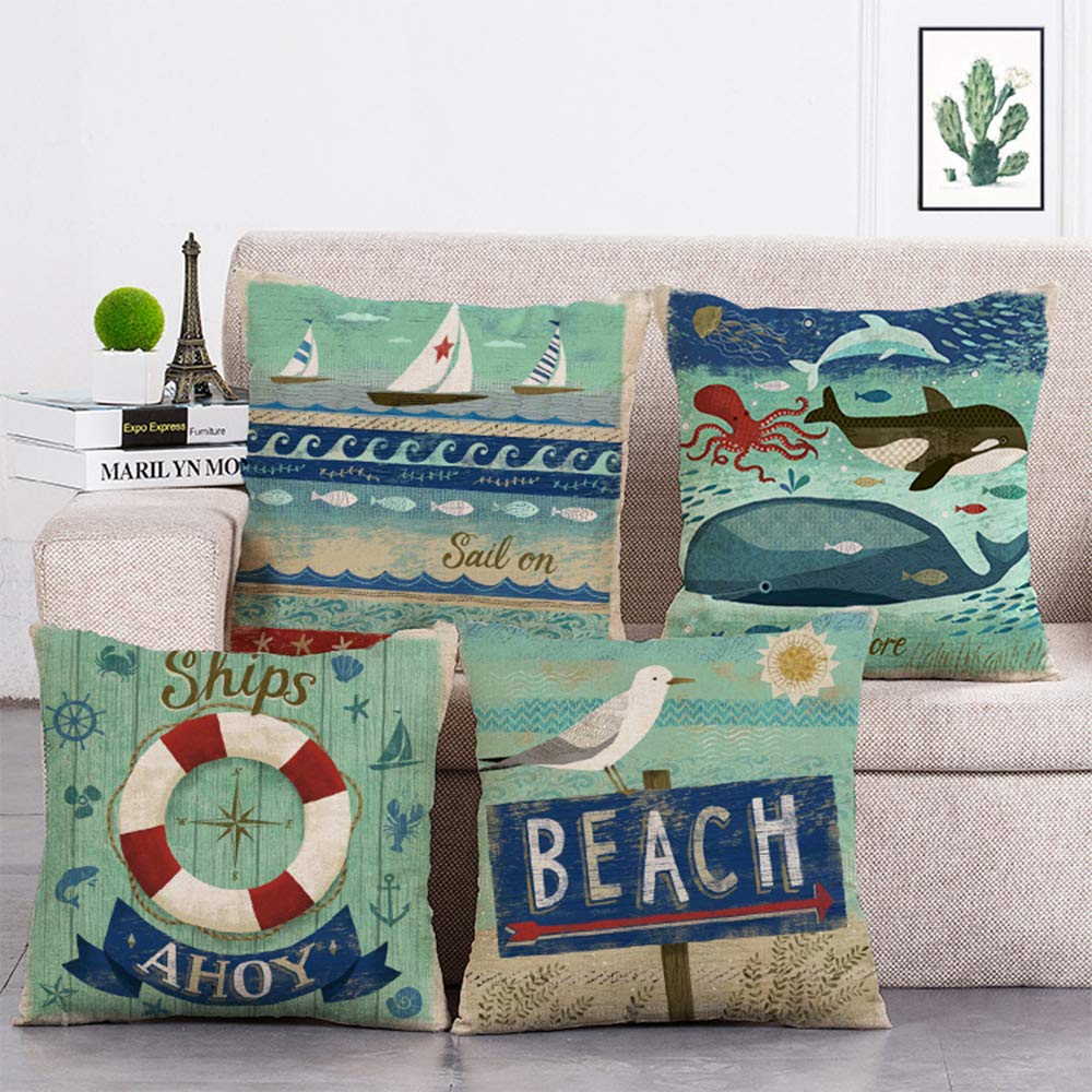 4pack Summer Recreation Style Throw Pillow Case Beach Surfing Marine Animals Theme Decorative Square Cotton Linen Cushion Cover for 18 X 18 Inch Pillow Inserts (ahoy Beach)